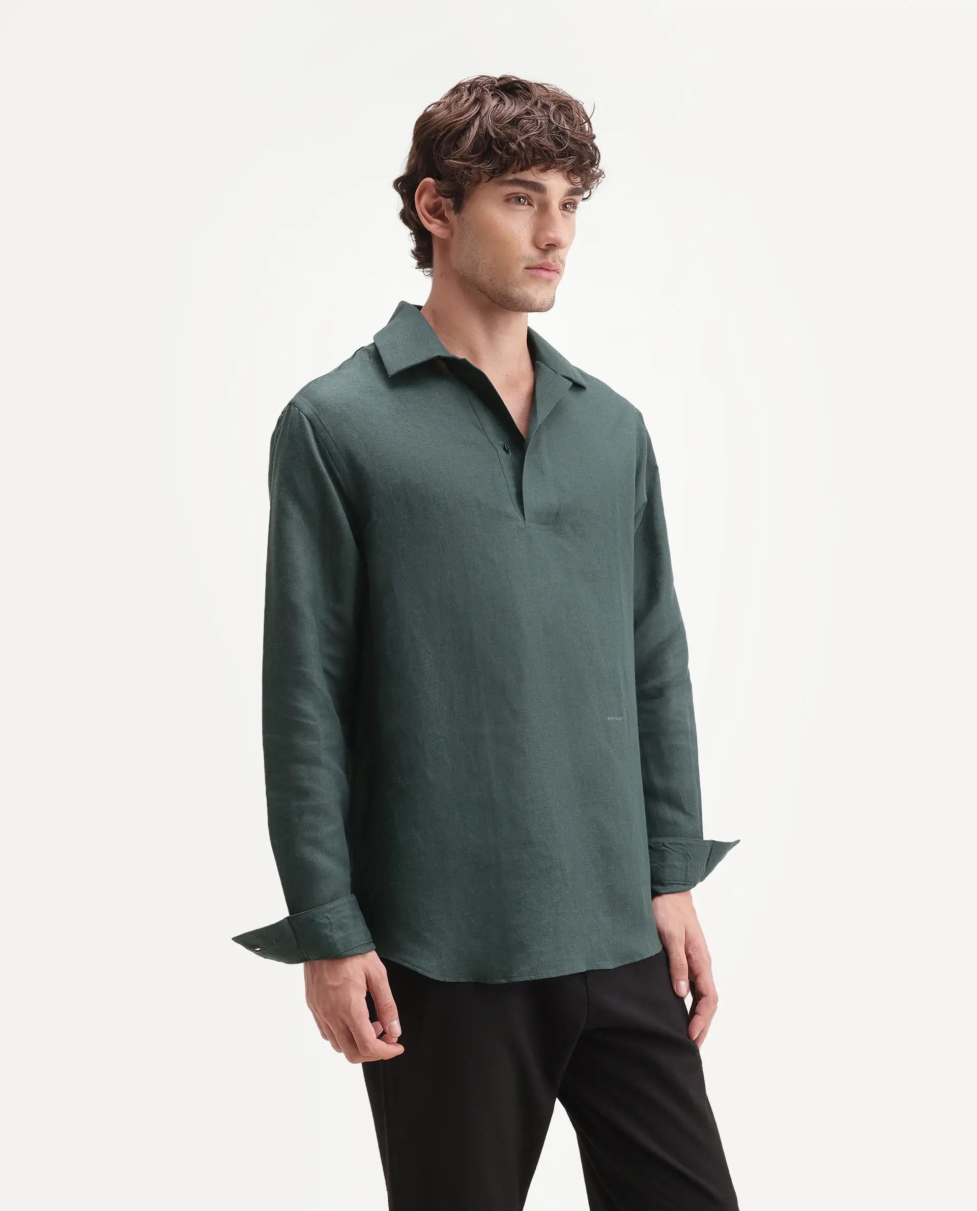 Rare Rabbit Men's Aerik Teal Linen Blend Fabric Full Sleeve Spread Collar Button Regular Plain Shirt