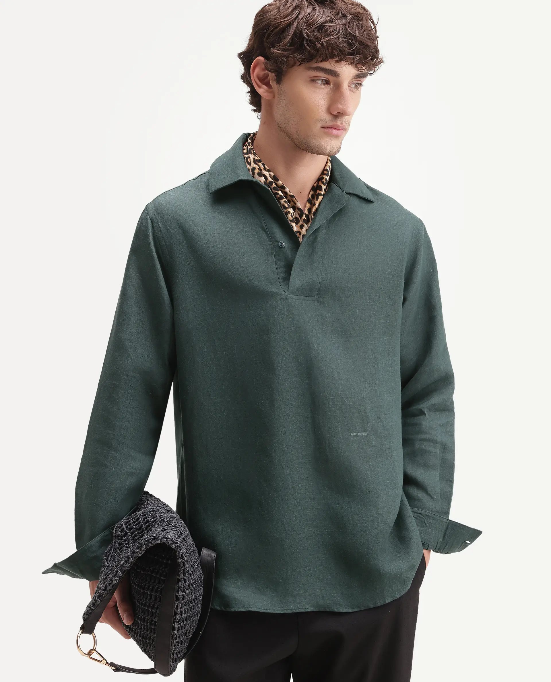 Rare Rabbit Men's Aerik Teal Linen Blend Fabric Full Sleeve Spread Collar Button Regular Plain Shirt