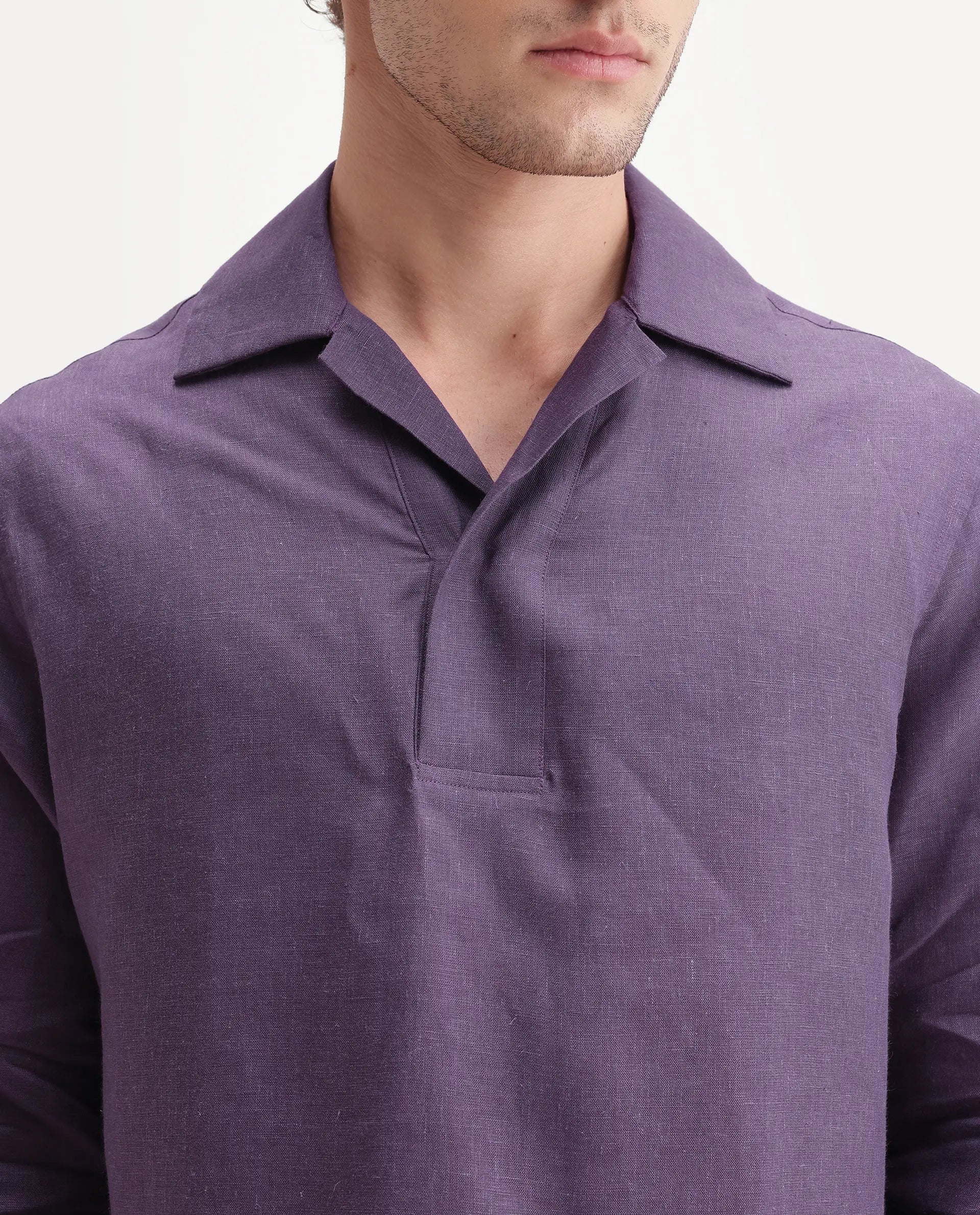 Rare Rabbit Men's Aerik Dark Purple Linen Blend Fabric Full Sleeve Spread Collar Button Regular Plain Shirt
