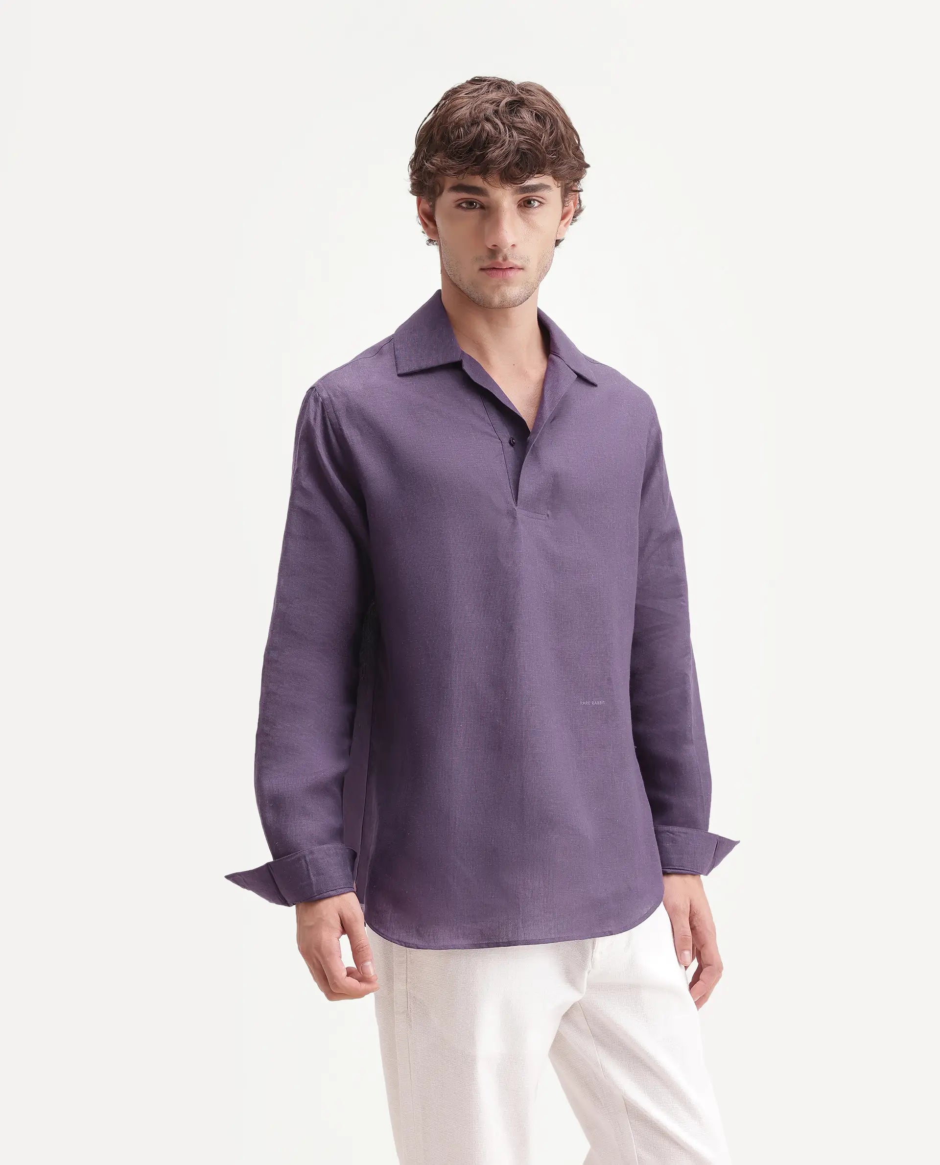 Rare Rabbit Men's Aerik Dark Purple Linen Blend Fabric Full Sleeve Spread Collar Button Regular Plain Shirt