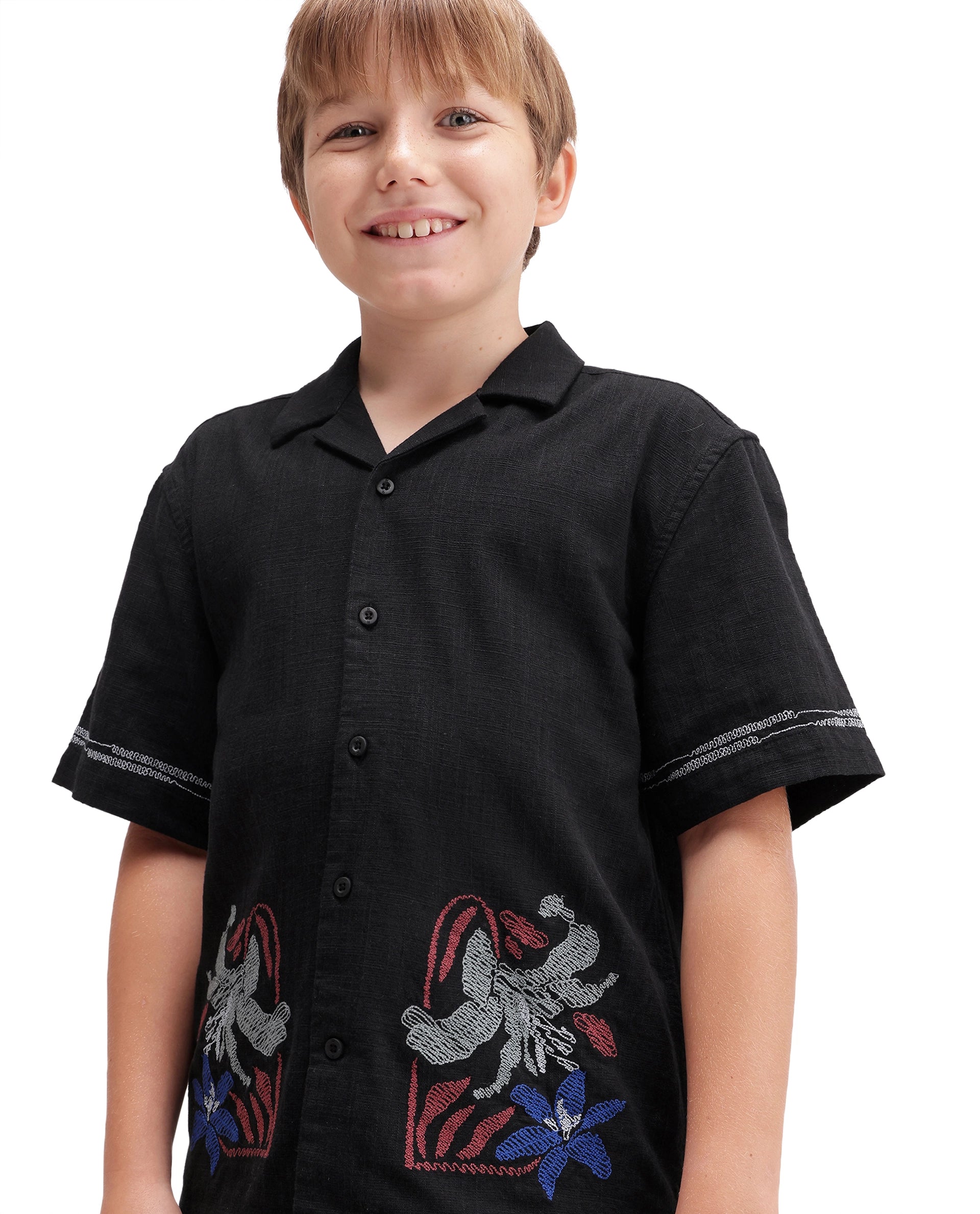 Rare Ones Kids Albo Black Cotton Blend Fabric Button Closure Regular Fit Shirt