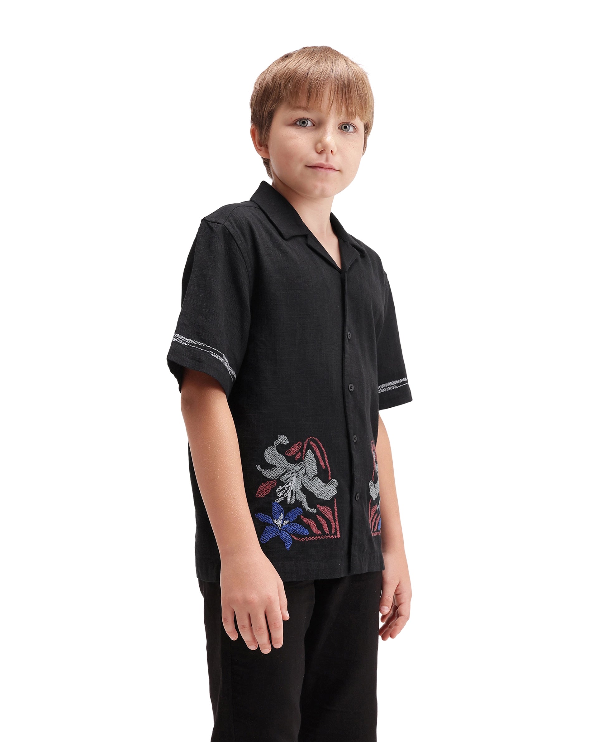 Rare Ones Kids Albo Black Cotton Blend Fabric Button Closure Regular Fit Shirt