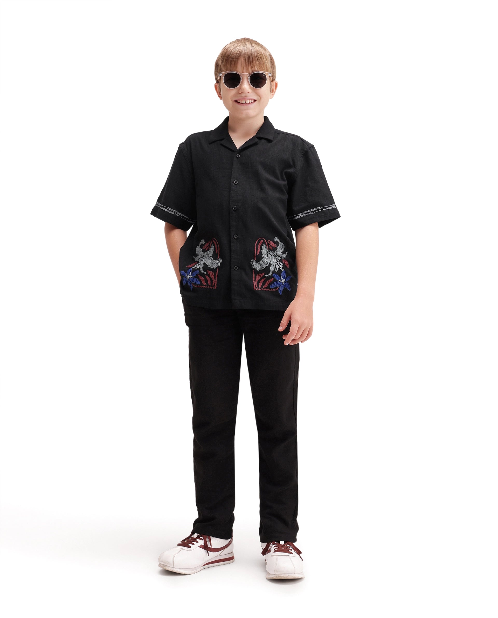 Rare Ones Kids Albo Black Cotton Blend Fabric Button Closure Regular Fit Shirt