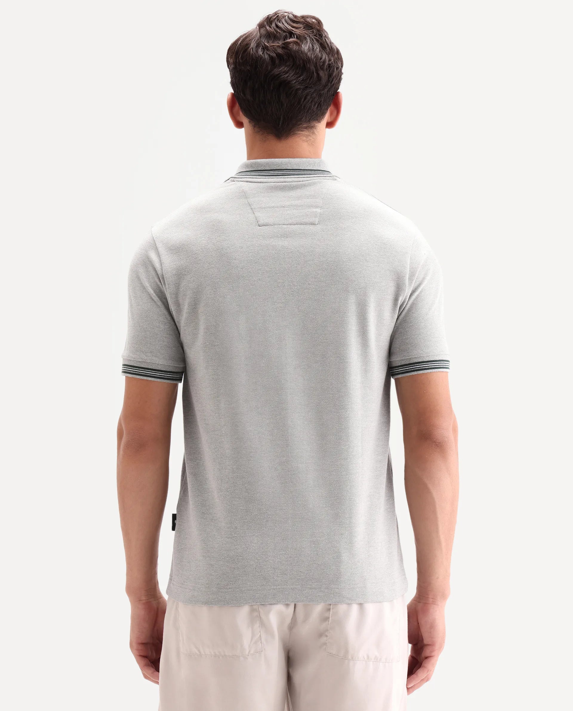 Rare Rabbit Men's Zena Light Grey Cotton Blend Fabric Half Sleeve Spread Collar Regular Fit Plain Polo