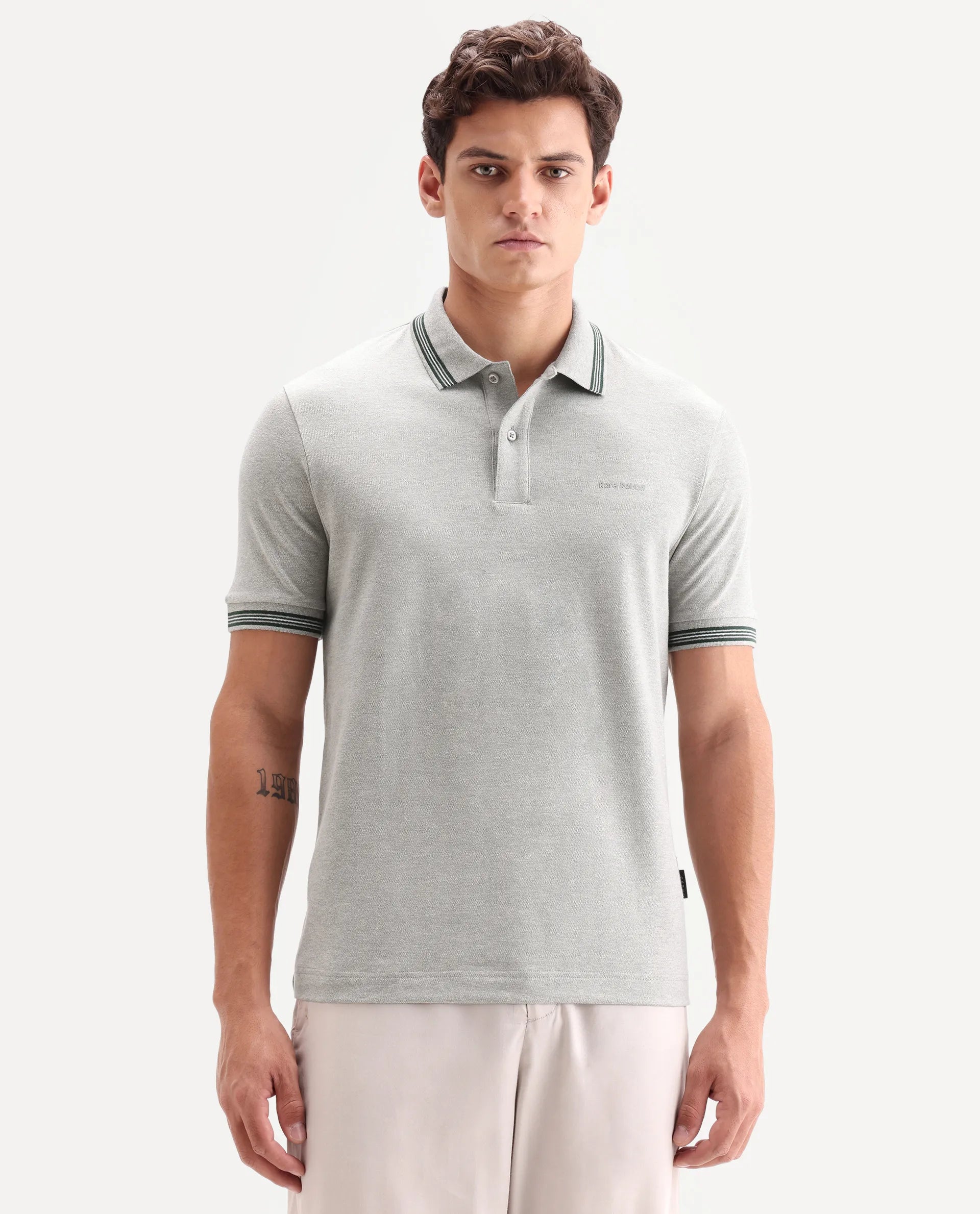 Rare Rabbit Men's Zena Light Grey Cotton Blend Fabric Half Sleeve Spread Collar Regular Fit Plain Polo