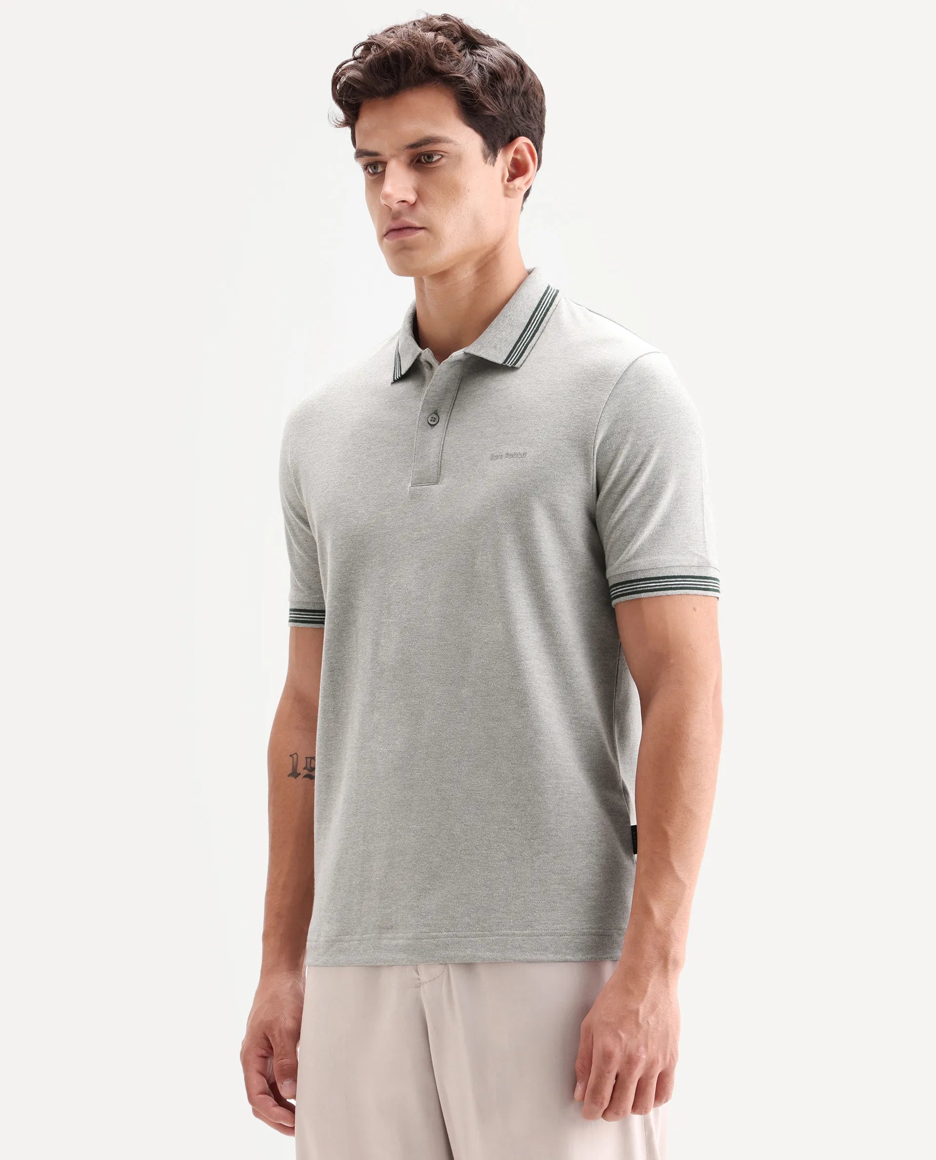 Rare Rabbit Men's Zena Light Grey Cotton Blend Fabric Half Sleeve Spread Collar Regular Fit Plain Polo
