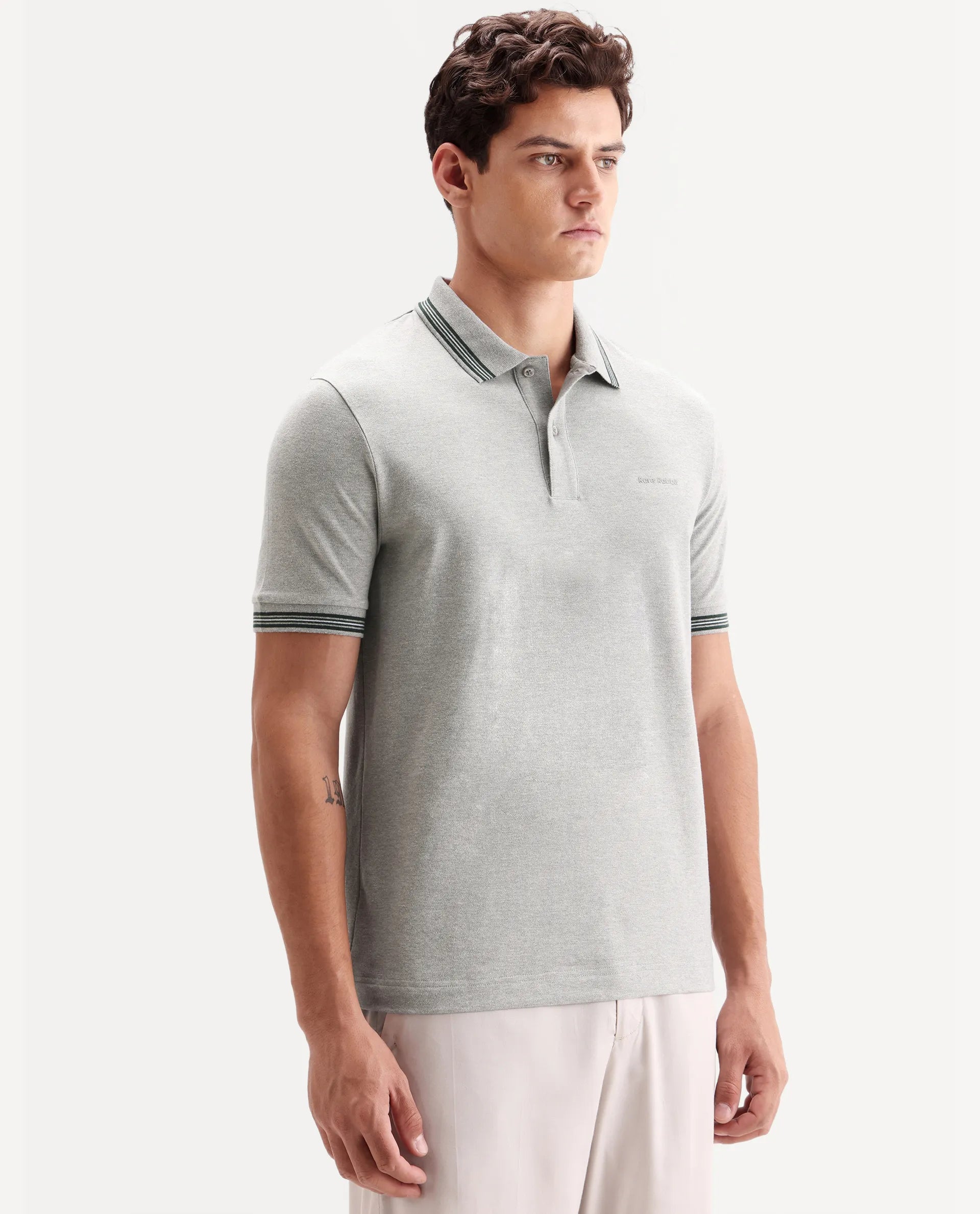 Rare Rabbit Men's Zena Light Grey Cotton Blend Fabric Half Sleeve Spread Collar Regular Fit Plain Polo