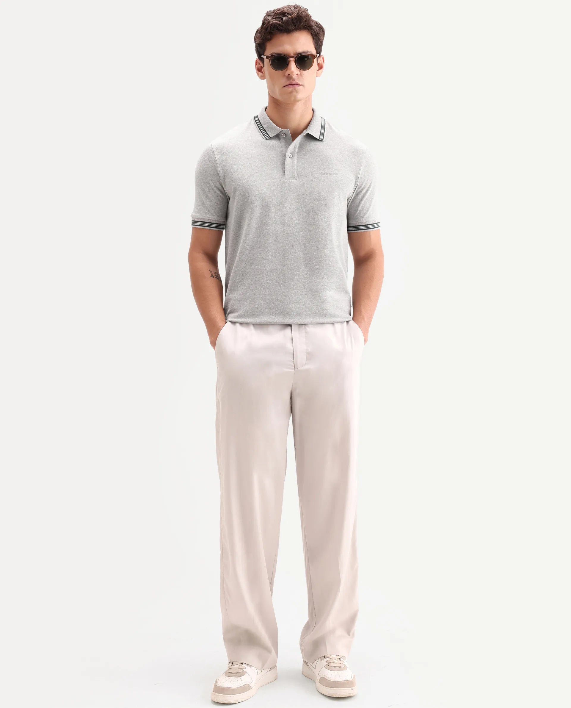 Rare Rabbit Men's Zena Light Grey Cotton Blend Fabric Half Sleeve Spread Collar Regular Fit Plain Polo