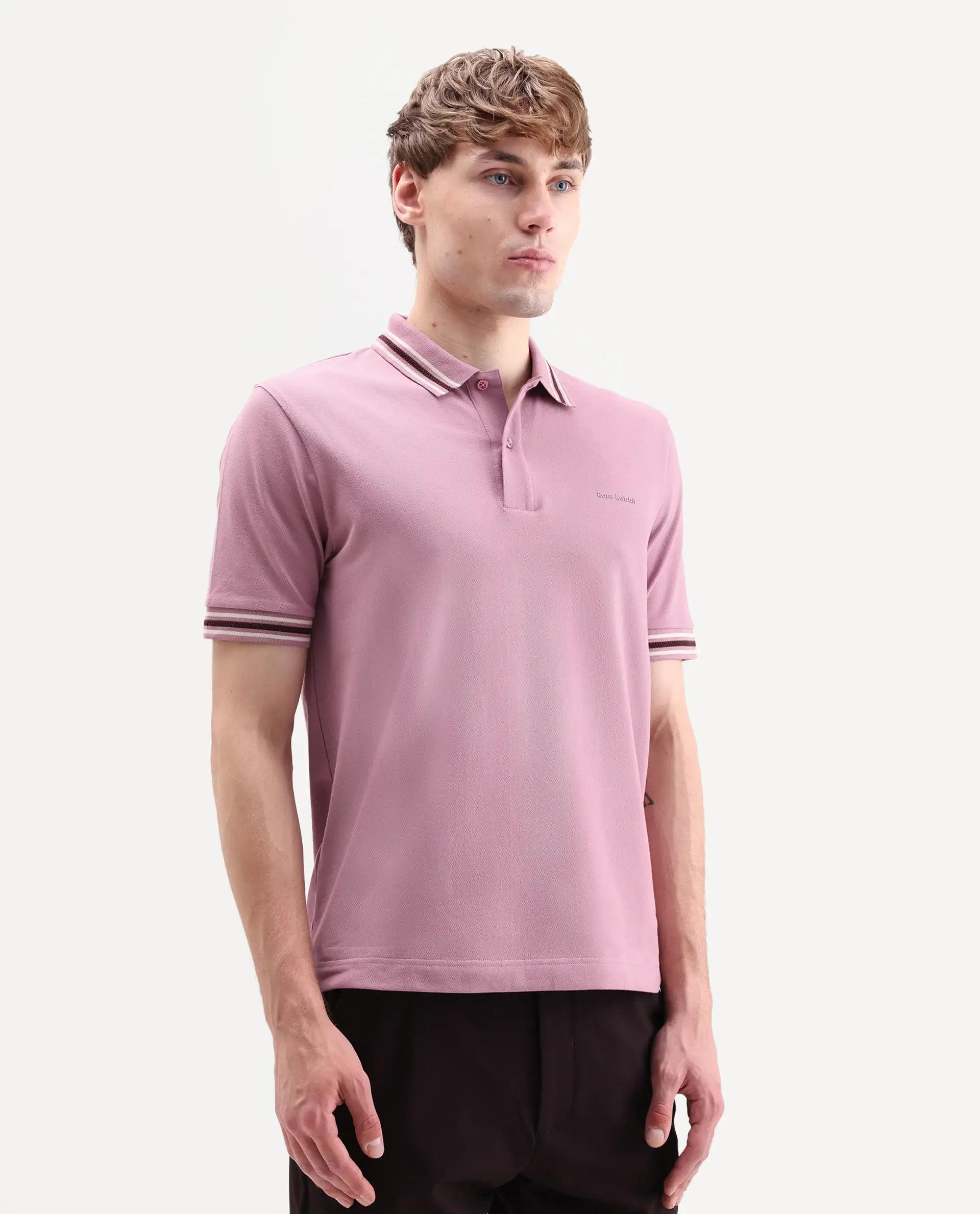 Rare Rabbit Men's Nega Dusky Pink Cotton Blend Fabric Half Sleeve Spread Collar Regular Fit Plain Polo