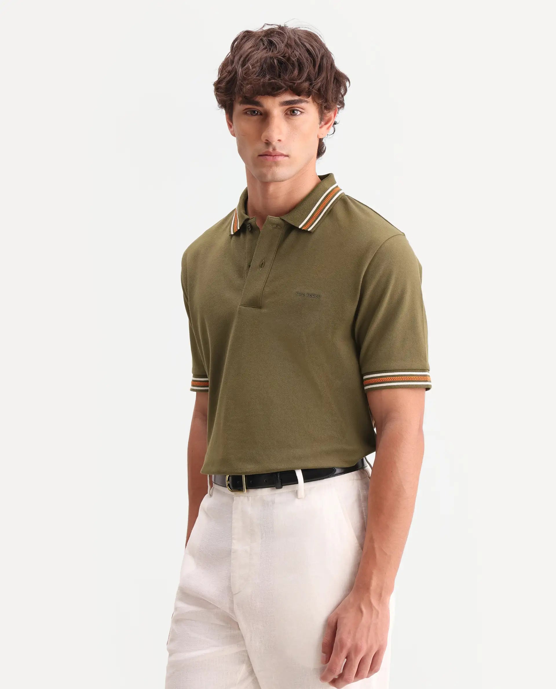 Rare Rabbit Men's Nega Olive Cotton Blend Fabric Half Sleeve Spread Collar Regular Fit Plain Polo