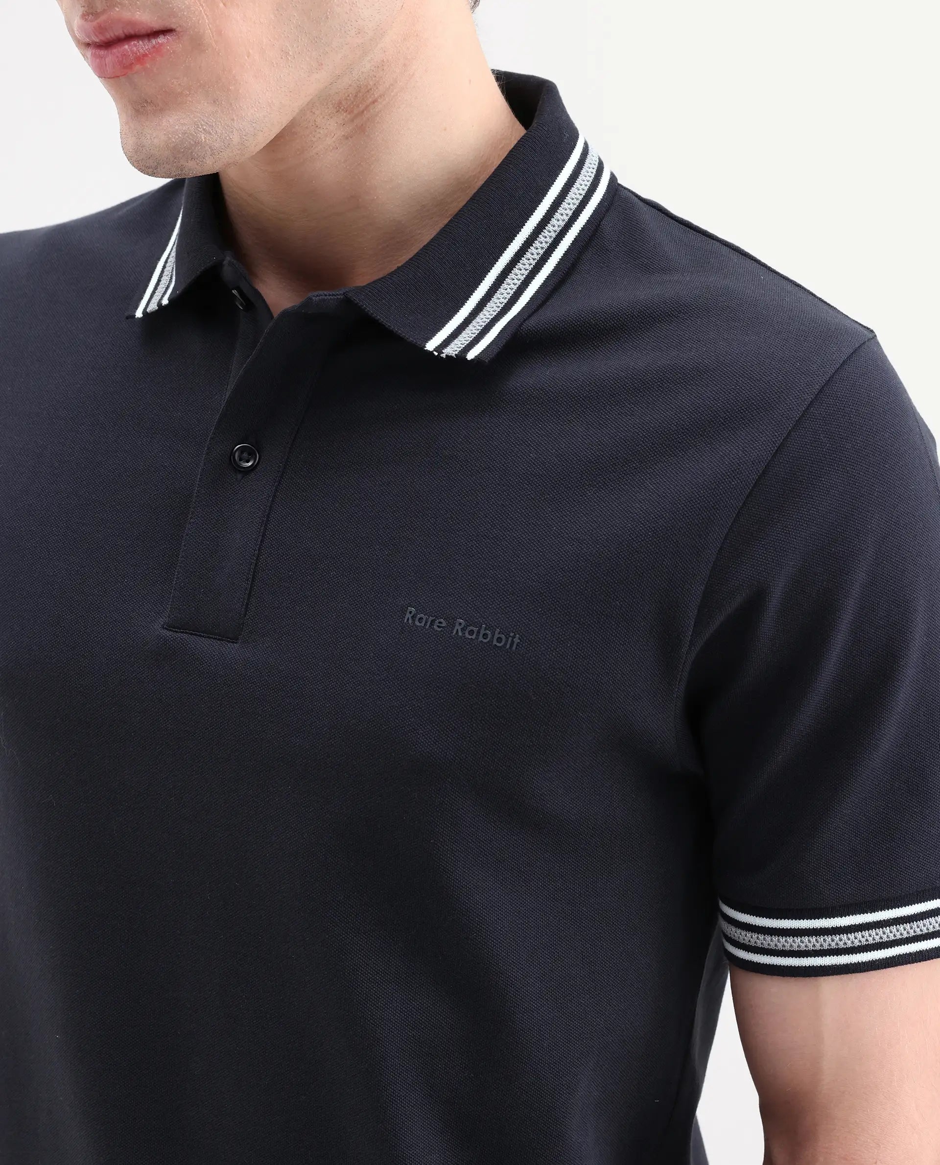 Rare Rabbit Men's Nega Navy Cotton Blend Fabric Half Sleeve Spread Collar Regular Fit Plain Polo