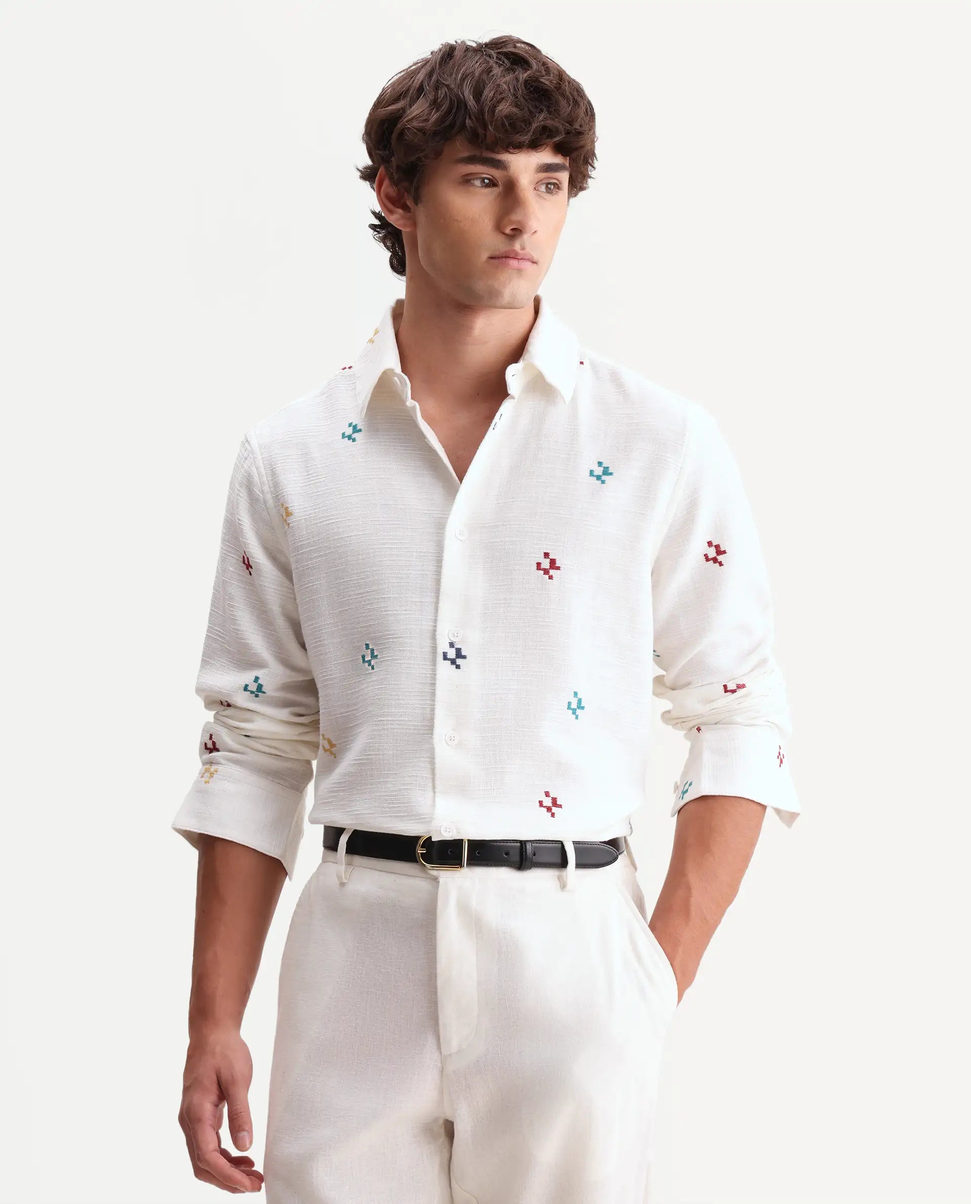 Rare Rabbit Men's Pots Off-White Cotton Regular Long Sleeve Embroidered Shirt