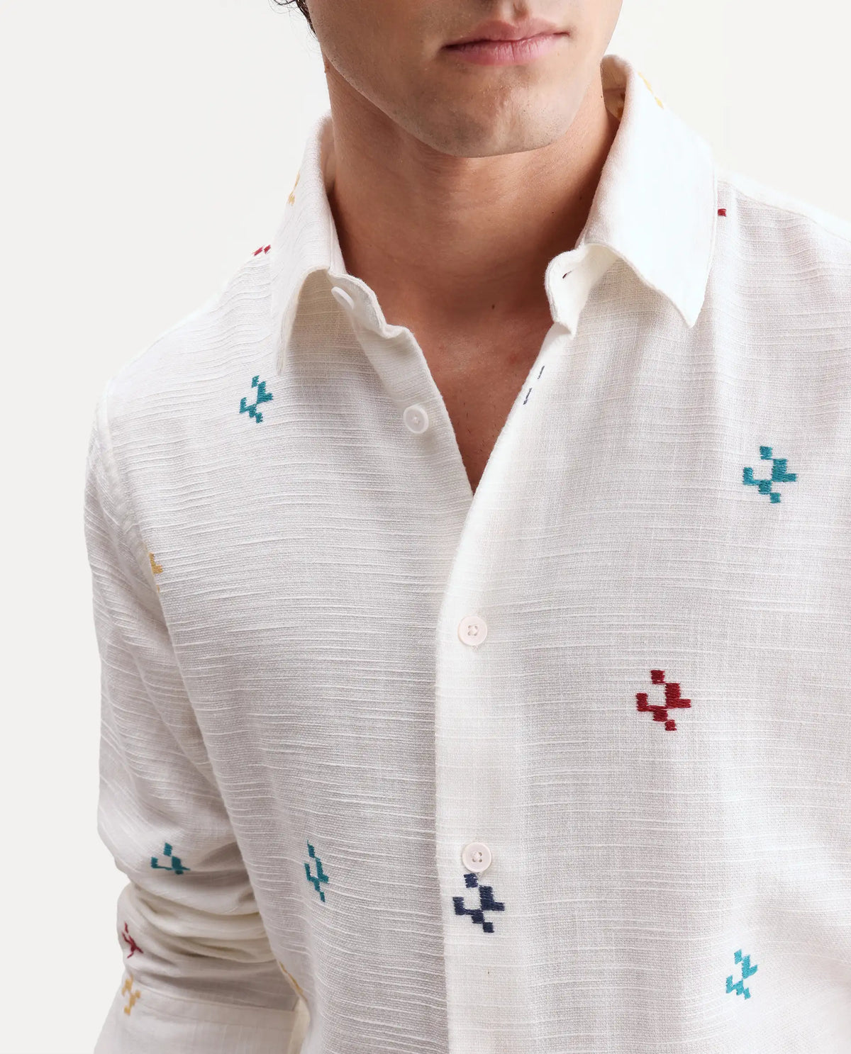Rare Rabbit Men's Pots Off-White Cotton Regular Long Sleeve Embroidered Shirt