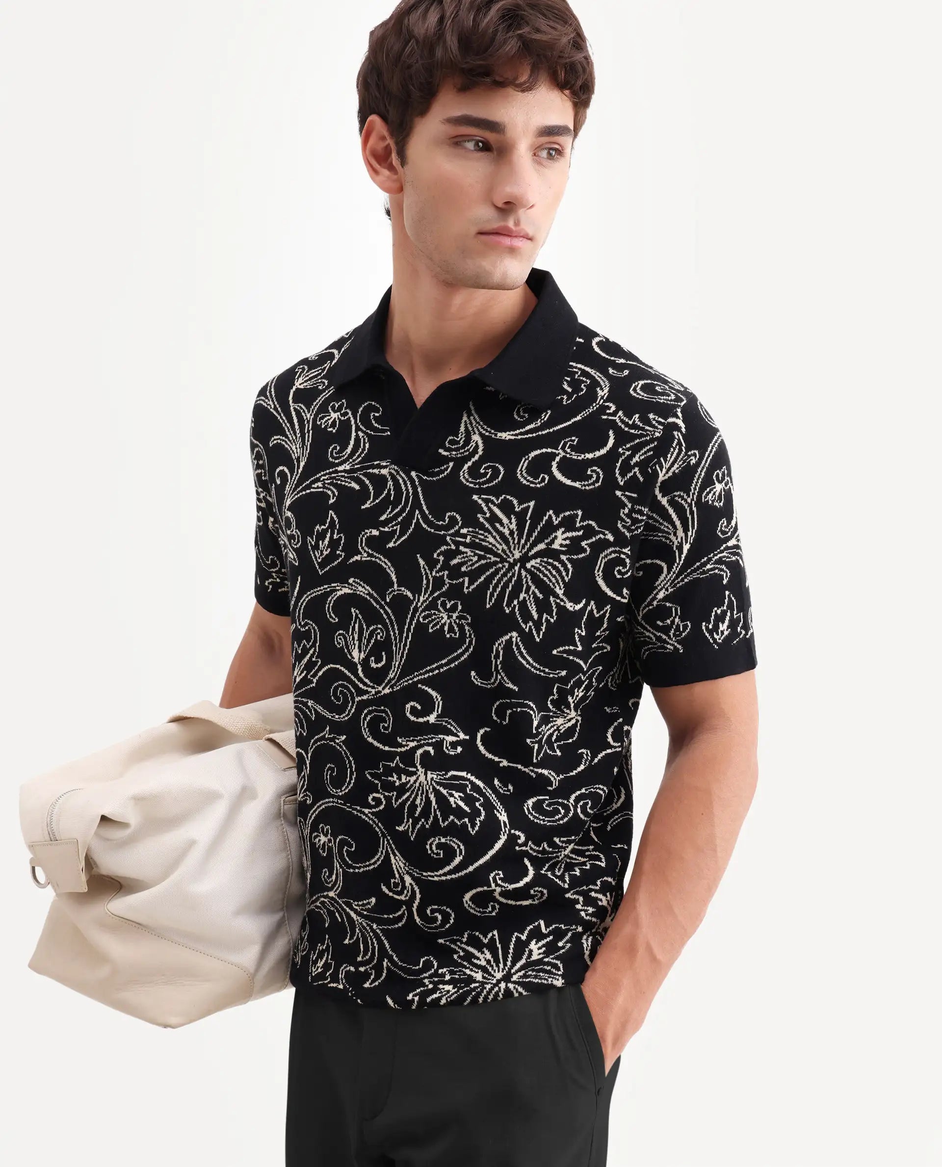 Rare Rabbit Men's Etao Black Cotton Blend Jonny Collar Regular Jacquard Polo