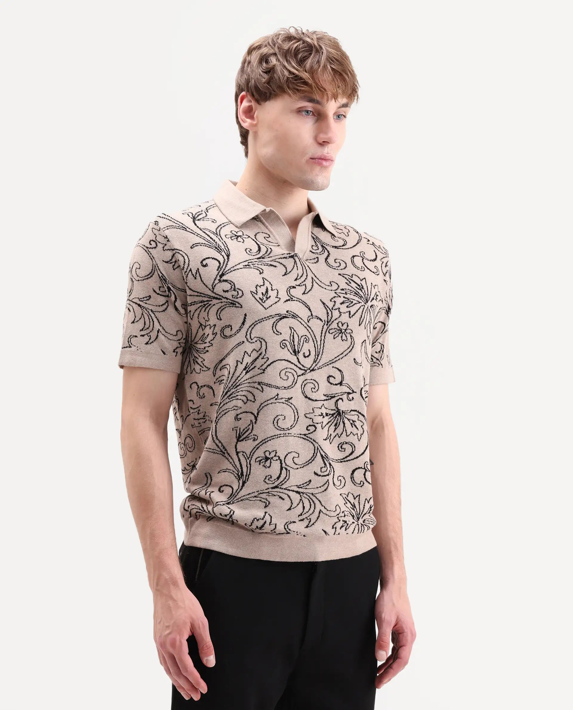 Rare Rabbit Men's Etao Beige Cotton Blend Jonny Collar Regular Jacquard Polo
