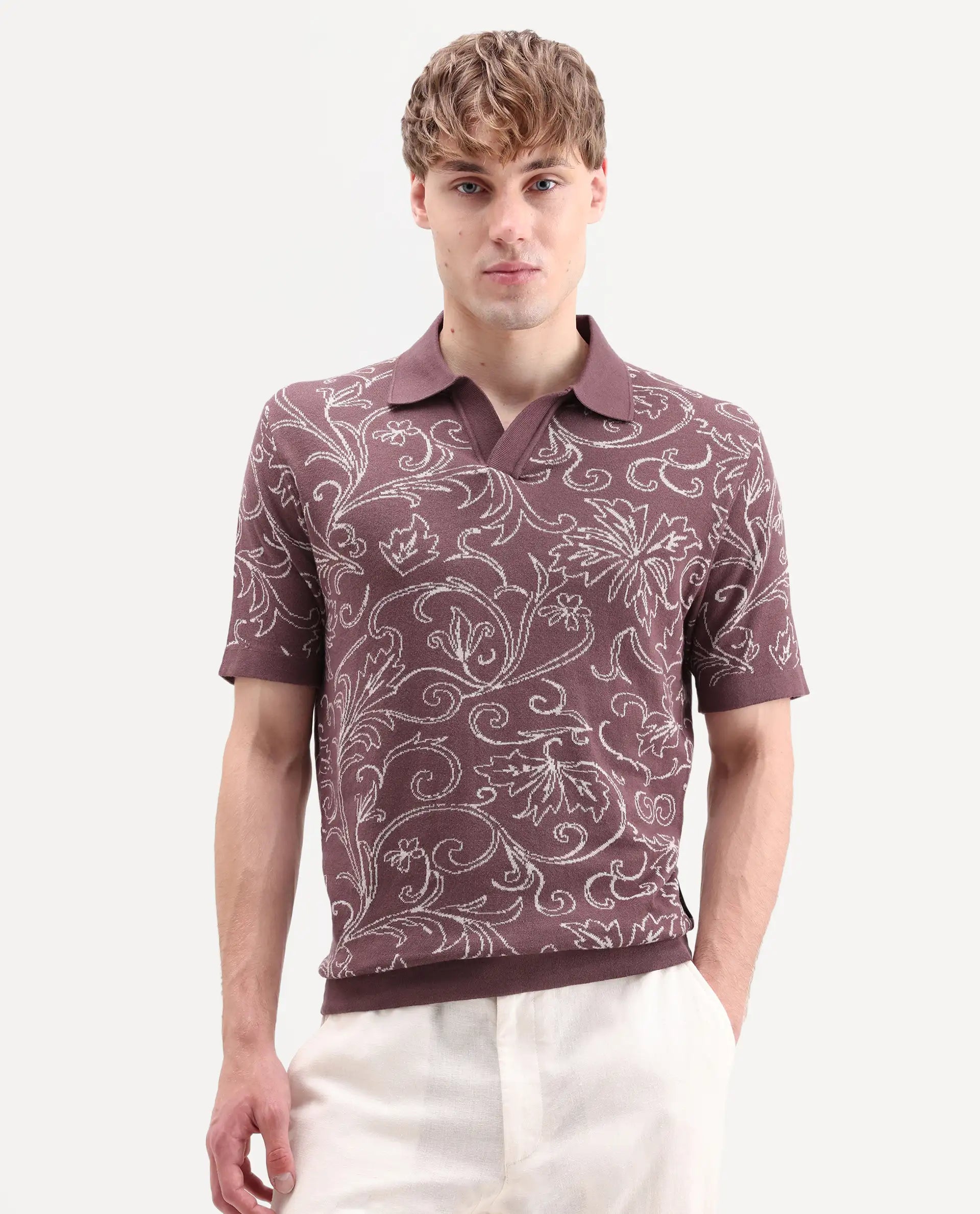 Rare Rabbit Men's Etao Brown Cotton Blend Jonny Collar Regular Jacquard Polo