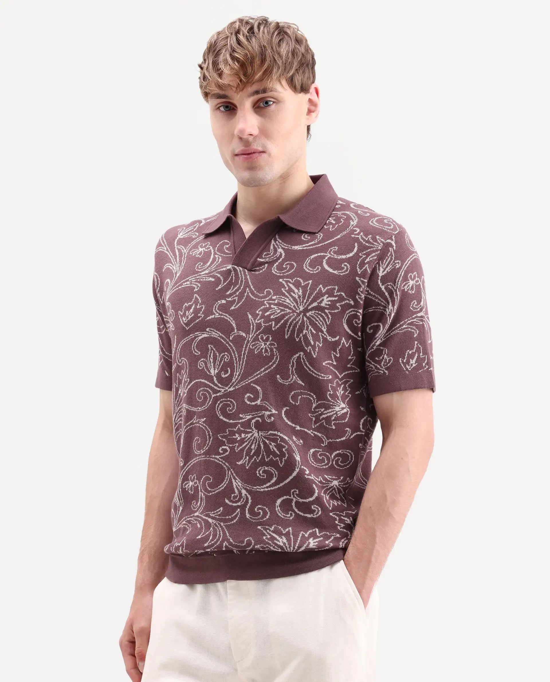 Rare Rabbit Men's Etao Brown Cotton Blend Jonny Collar Regular Jacquard Polo