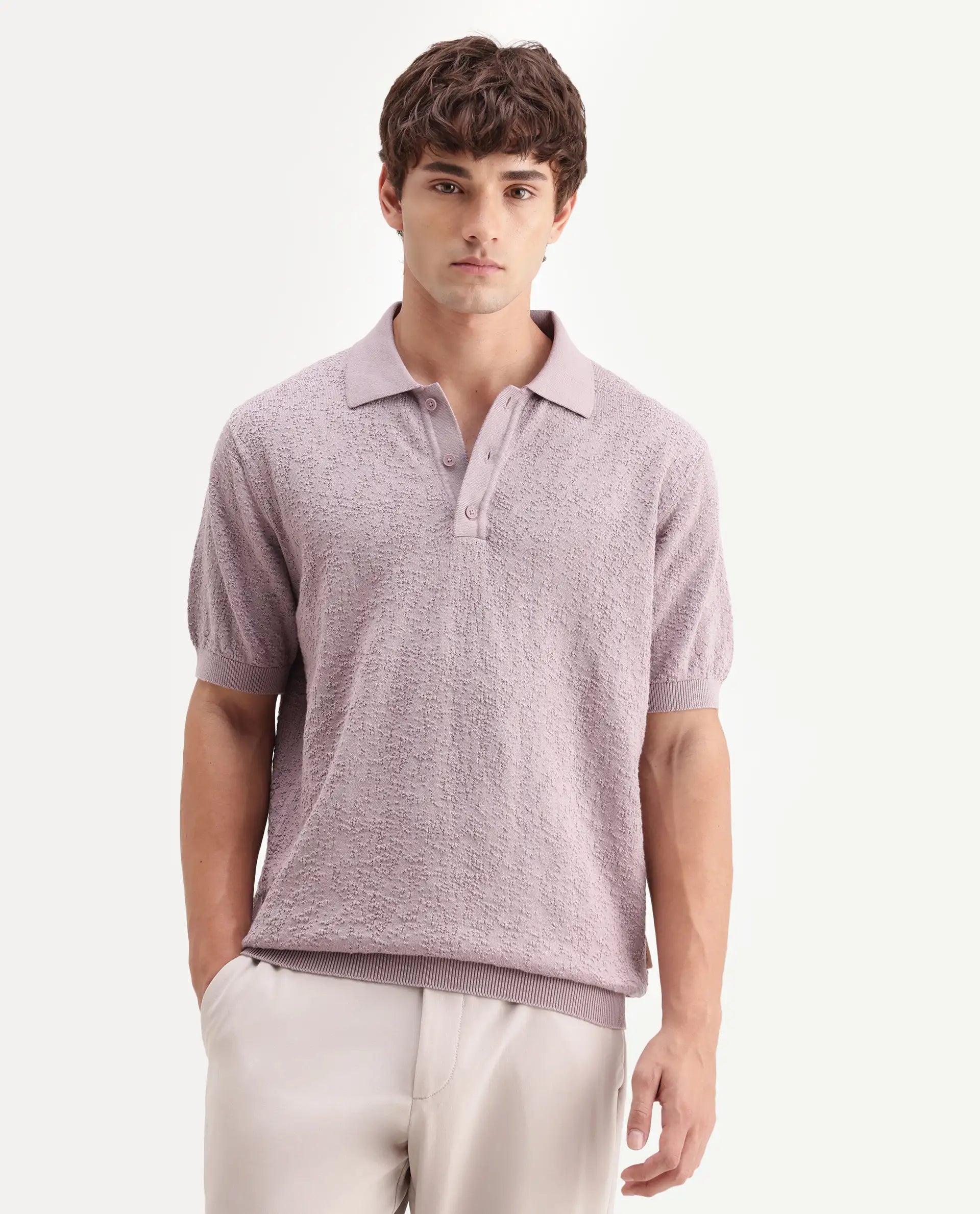 Rare Rabbit Men's Mont Dusky Purple Cotton Spread Collar Button Closure Regular Fit Textured Polo