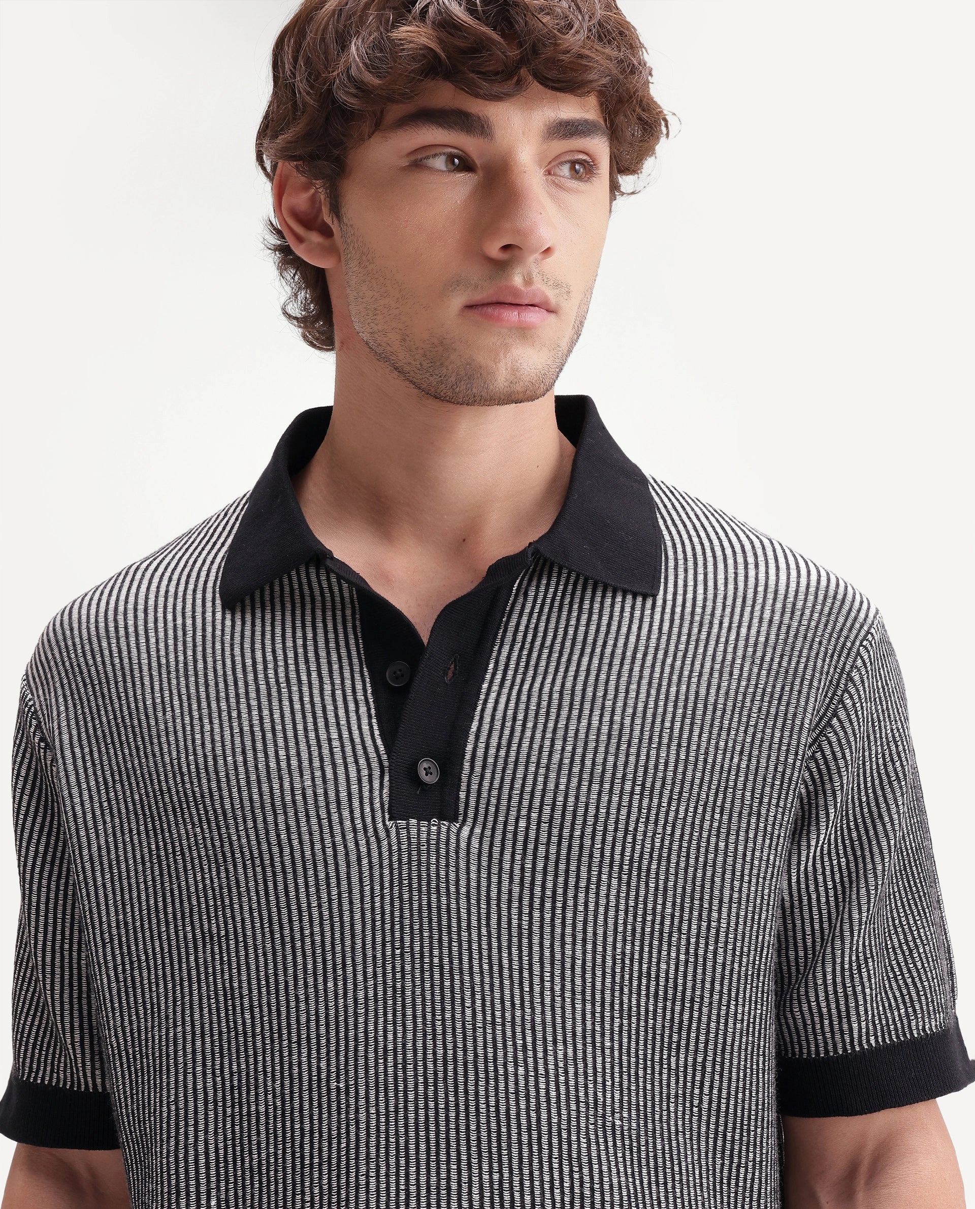 Rare Rabbit Men's Hof Black Cotton Spread Collar Button Regular Striped Polo