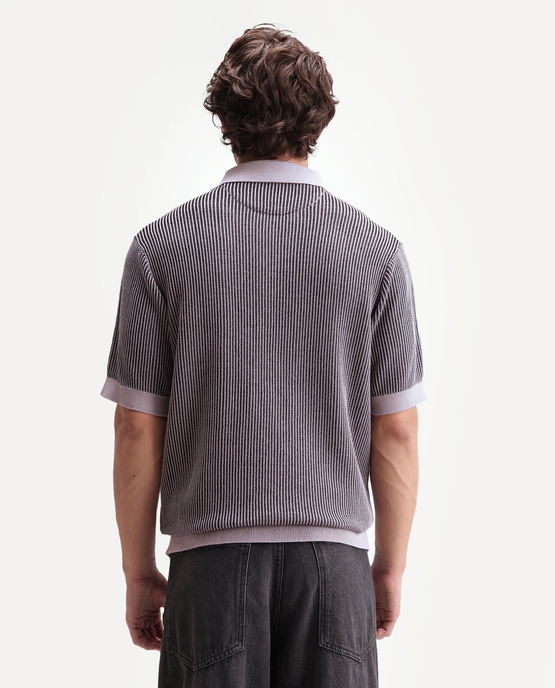 Rare Rabbit Men's Hof Dusky Purple Cotton Spread Collar Button Regular Striped Polo