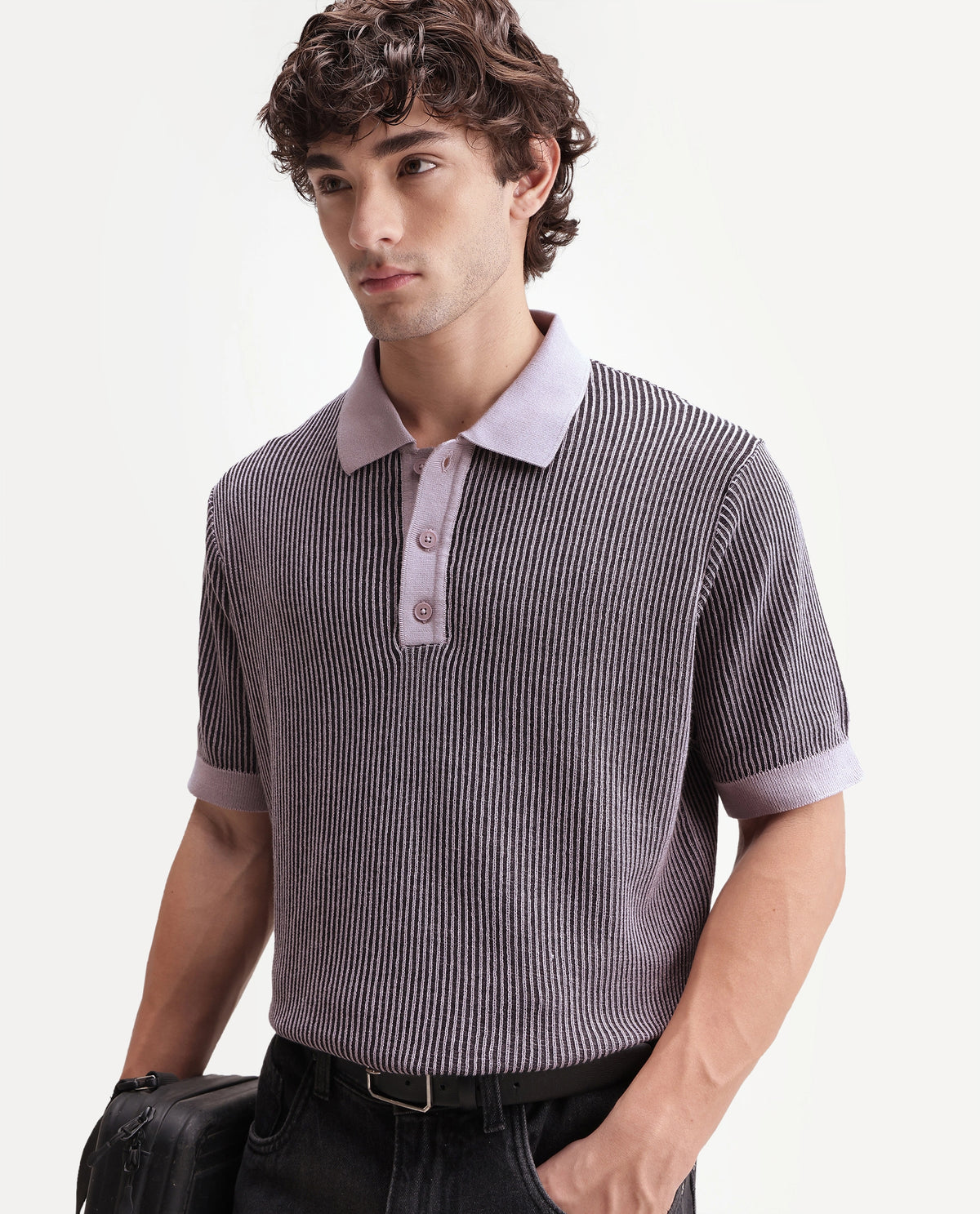 Rare Rabbit Men's Hof Dusky Purple Cotton Spread Collar Button Regular Striped Polo