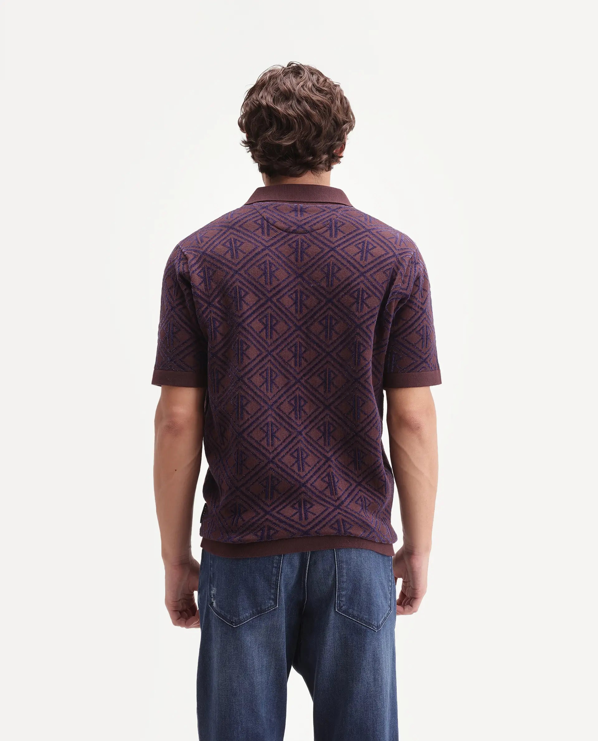 Rare Rabbit Men's Rene Dark Brown Cotton Blend Johnny Collar Regular Jacquard Polo