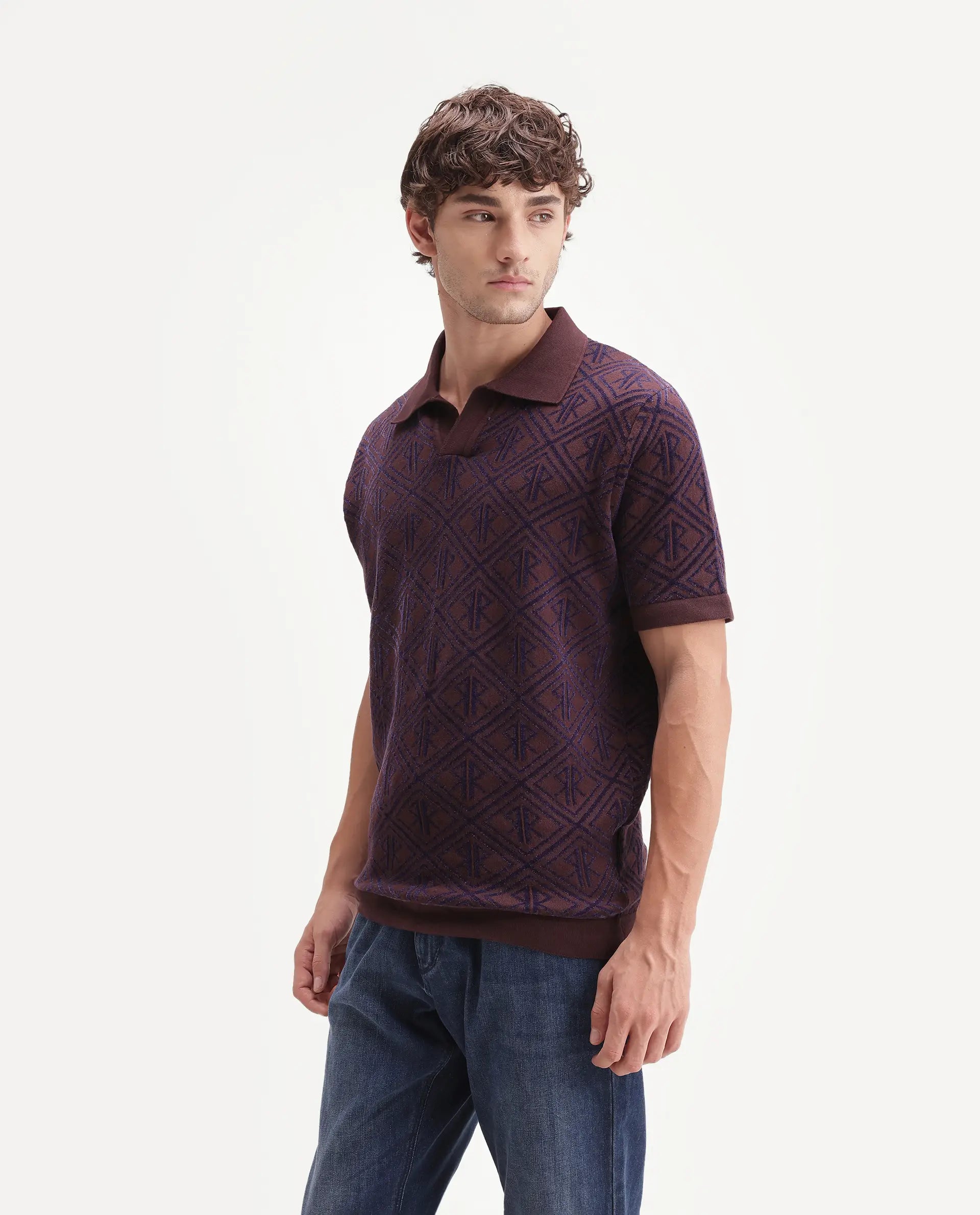 Rare Rabbit Men's Rene Dark Brown Cotton Blend Johnny Collar Regular Jacquard Polo