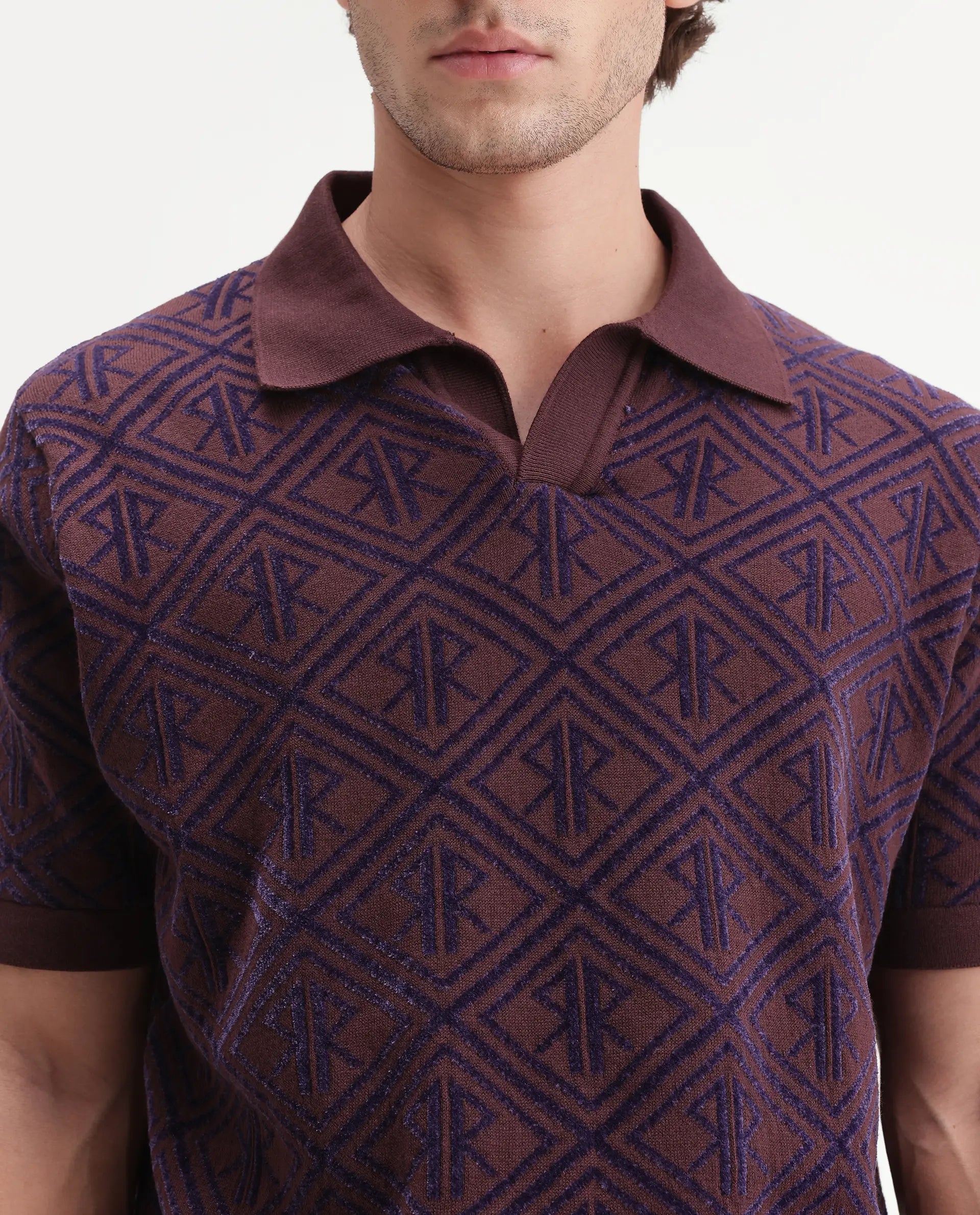 Rare Rabbit Men's Rene Dark Brown Cotton Blend Johnny Collar Regular Jacquard Polo
