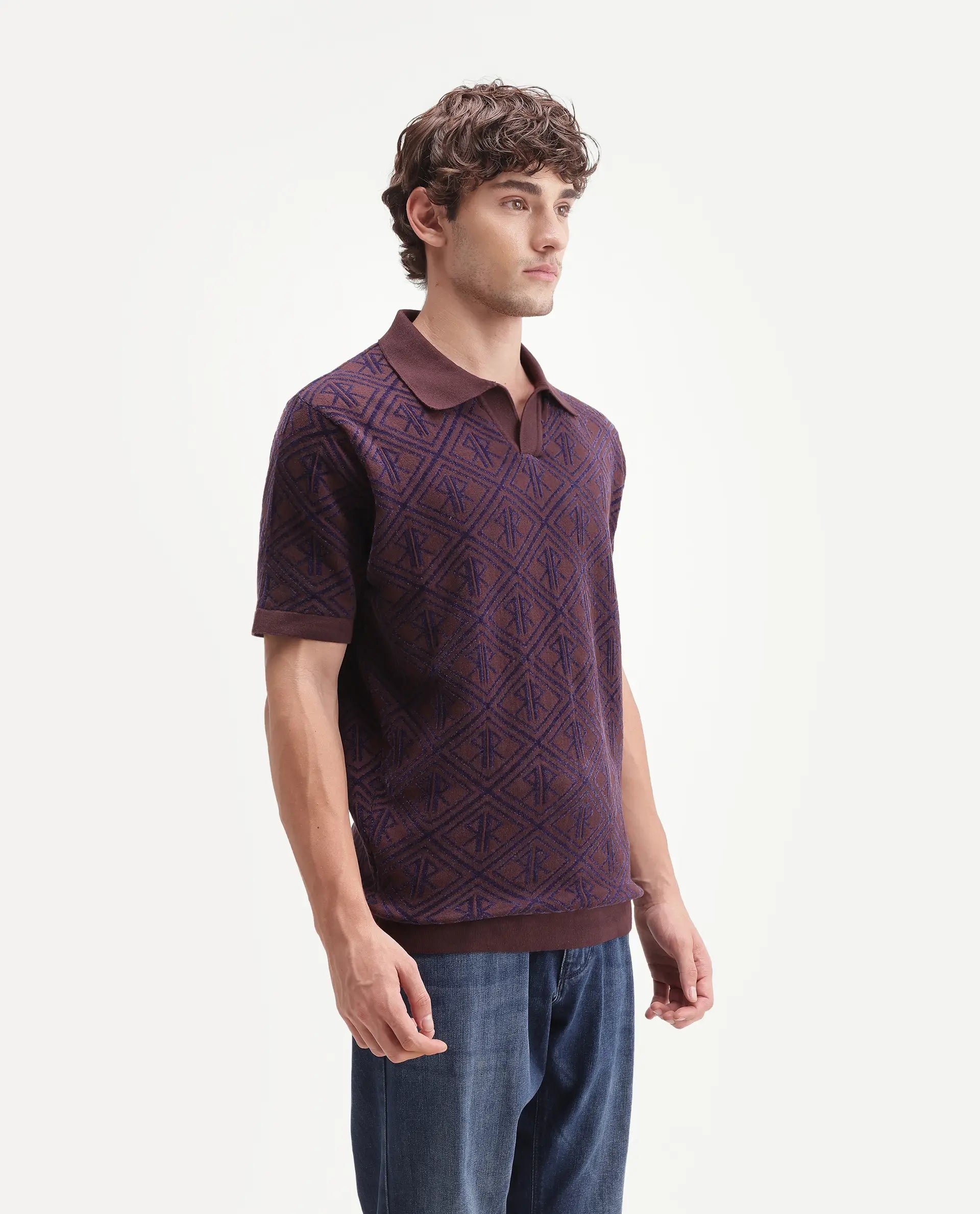 Rare Rabbit Men's Rene Dark Brown Cotton Blend Johnny Collar Regular Jacquard Polo