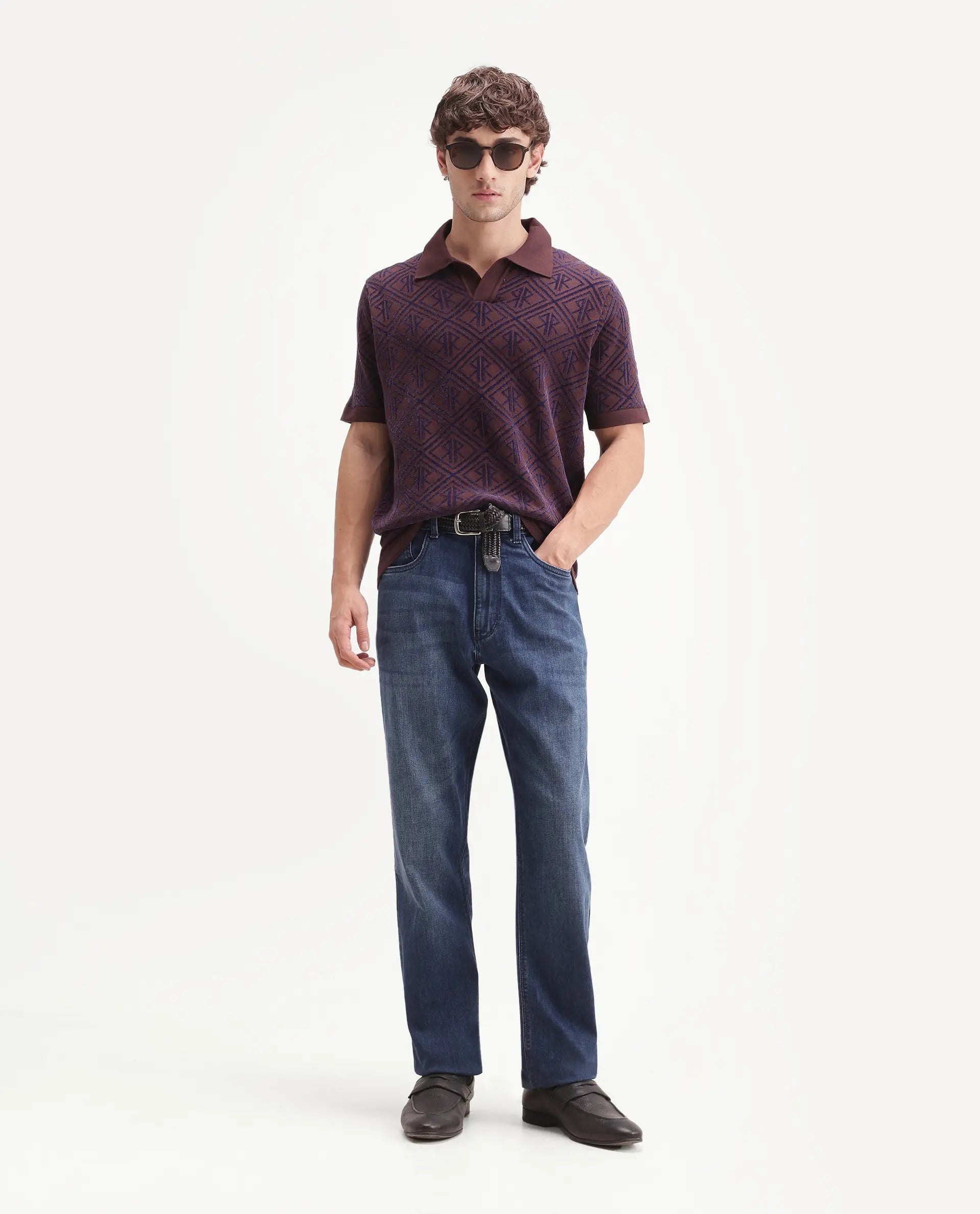 Rare Rabbit Men's Rene Dark Brown Cotton Blend Johnny Collar Regular Jacquard Polo