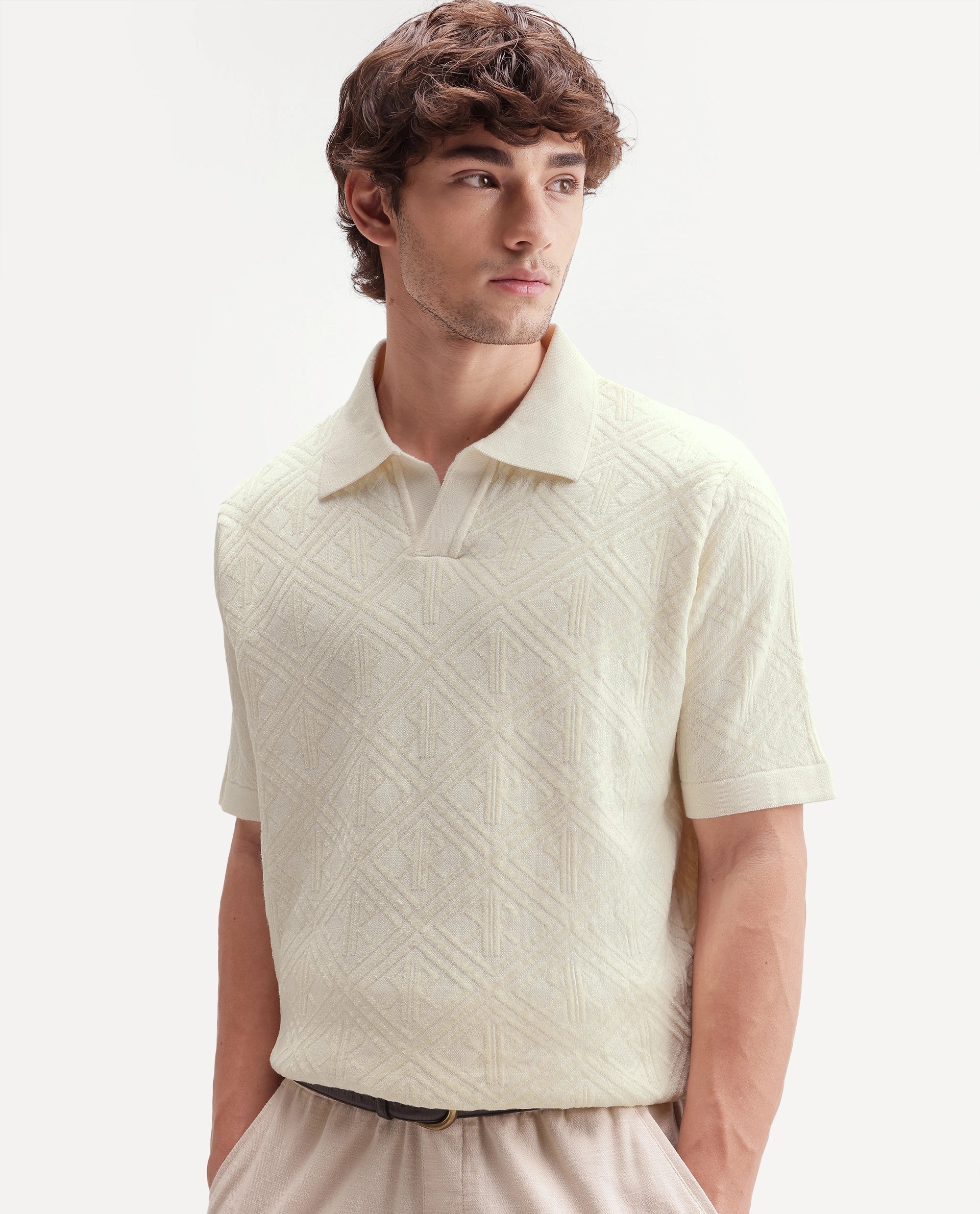 Rare Rabbit Men's Rene White Cotton Blend Johnny Collar Regular Jacquard Polo