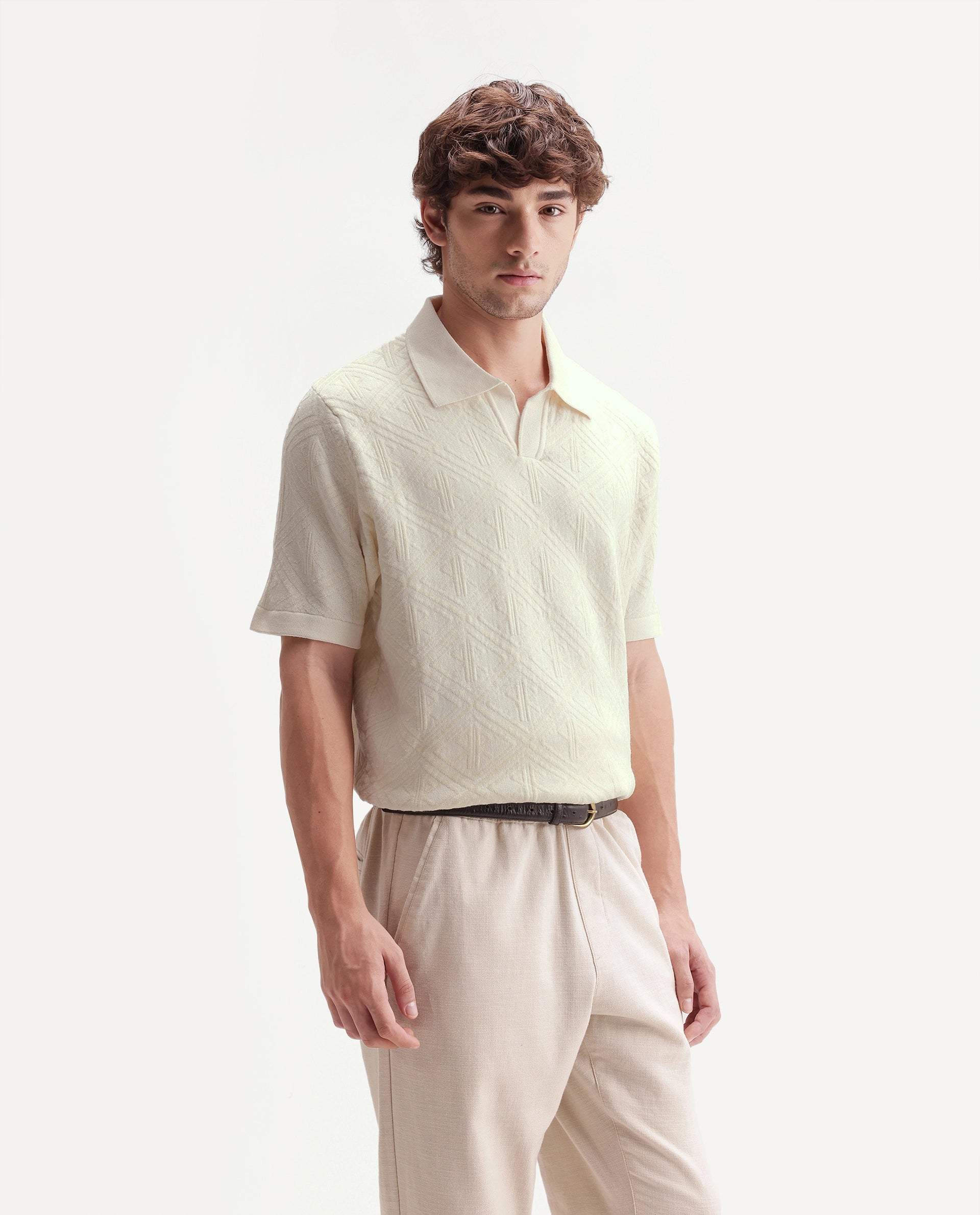 Rare Rabbit Men's Rene White Cotton Blend Johnny Collar Regular Jacquard Polo