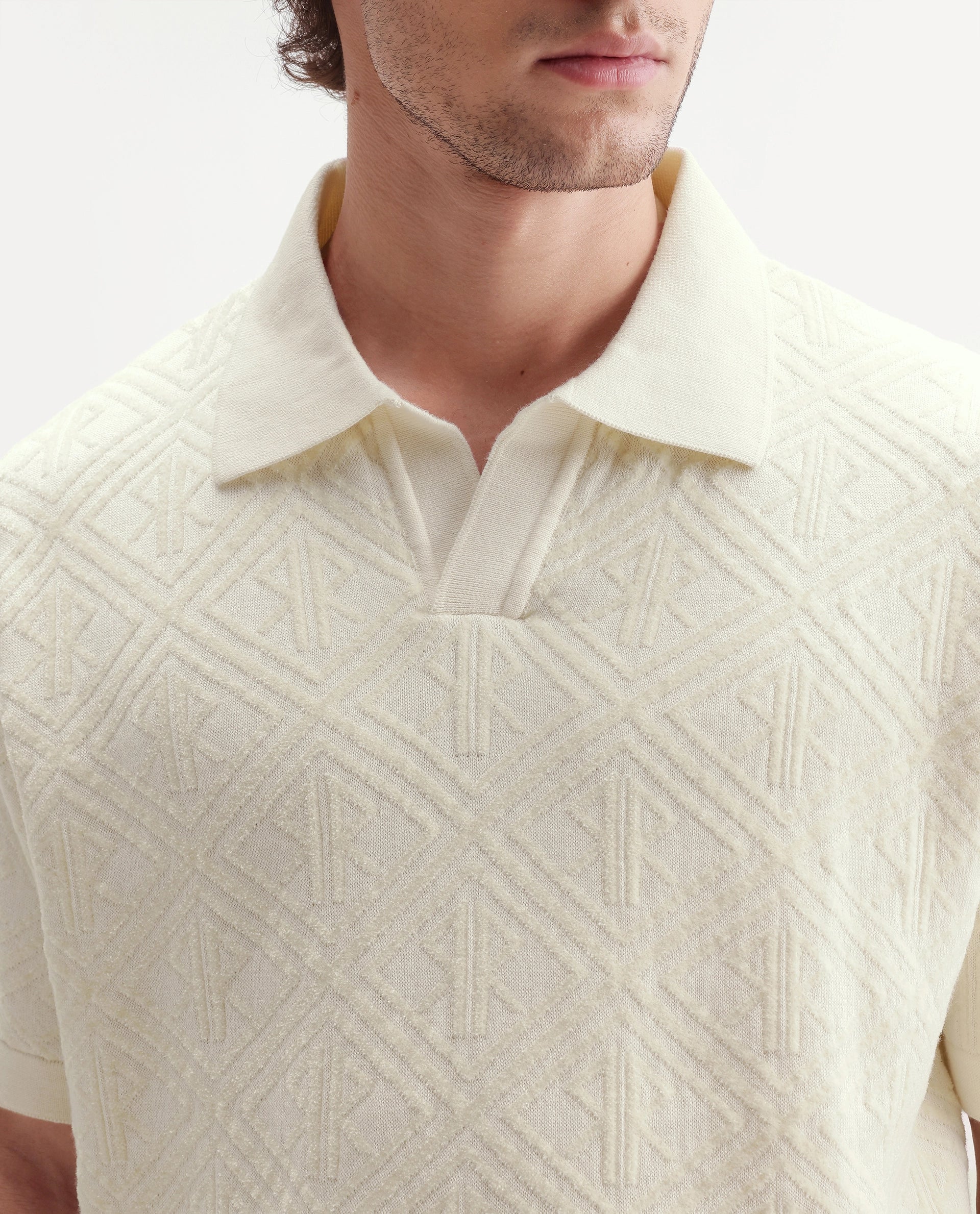 Rare Rabbit Men's Rene White Cotton Blend Johnny Collar Regular Jacquard Polo