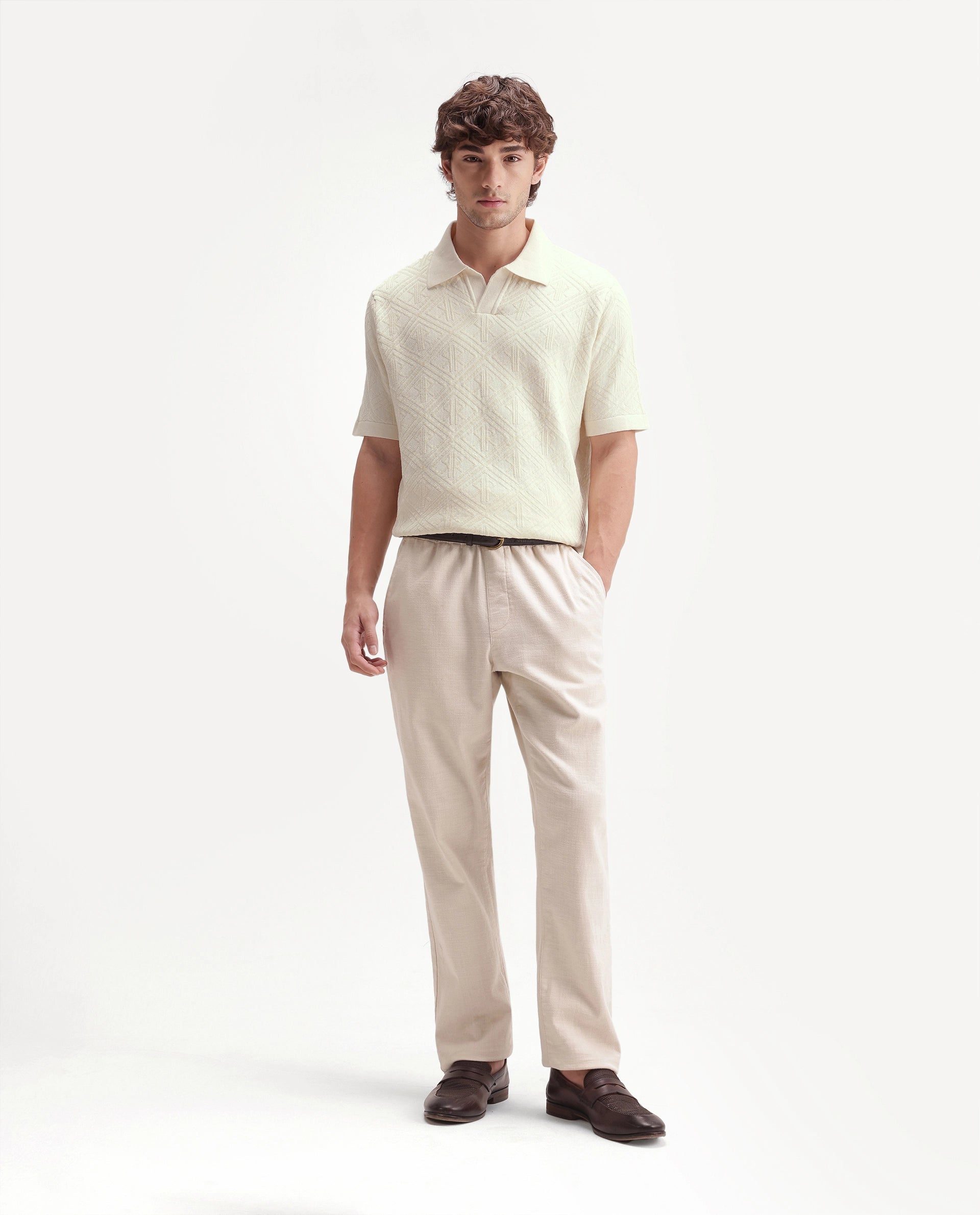 Rare Rabbit Men's Rene White Cotton Blend Johnny Collar Regular Jacquard Polo
