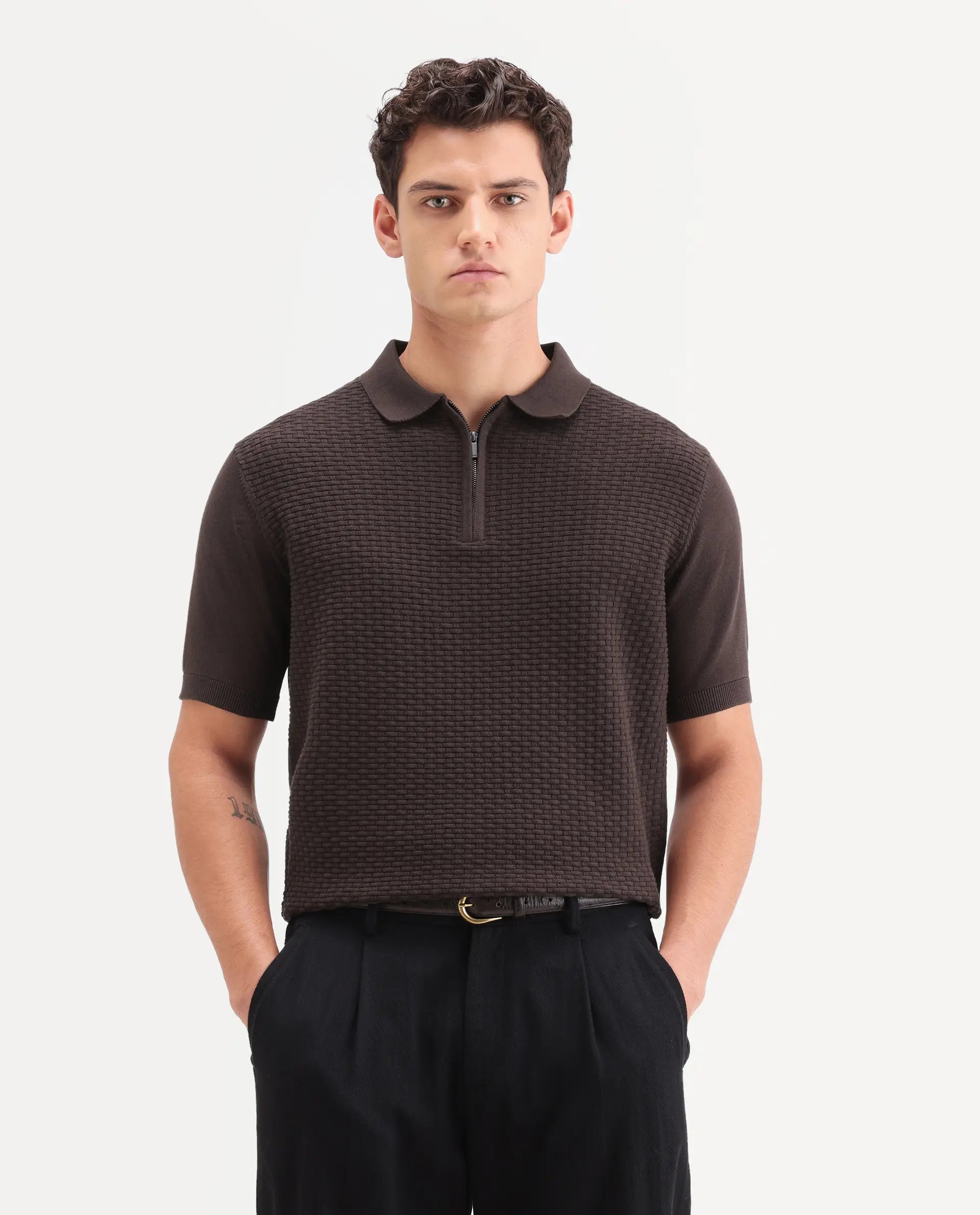 Rare Rabbit Men's Corsin Brown Cotton Fabric Half Sleeve Spread Collar Regular Fit Textured Polo