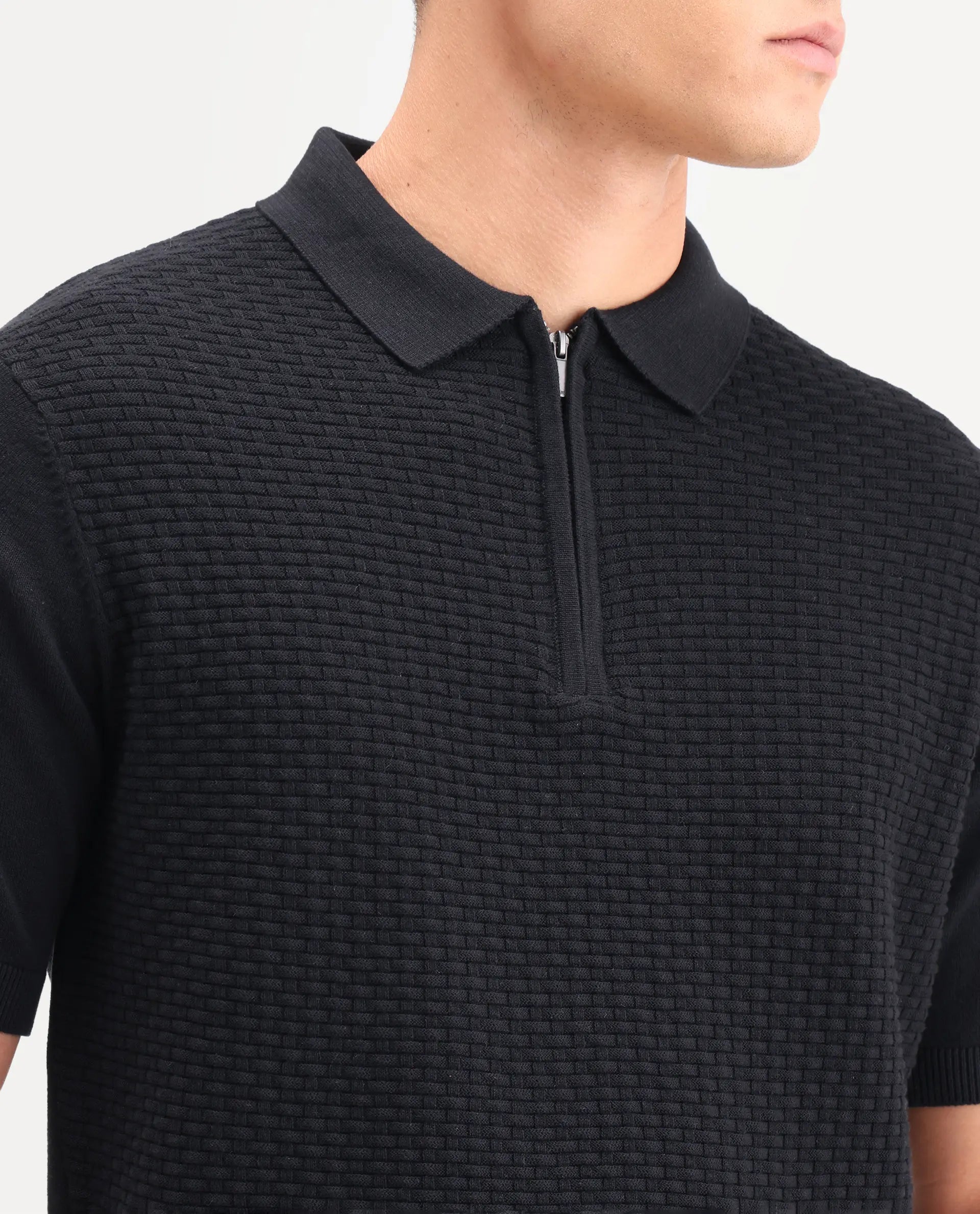 Rare Rabbit Men's Corsin Black Cotton Fabric Half Sleeve Spread Collar Regular Fit Textured Polo