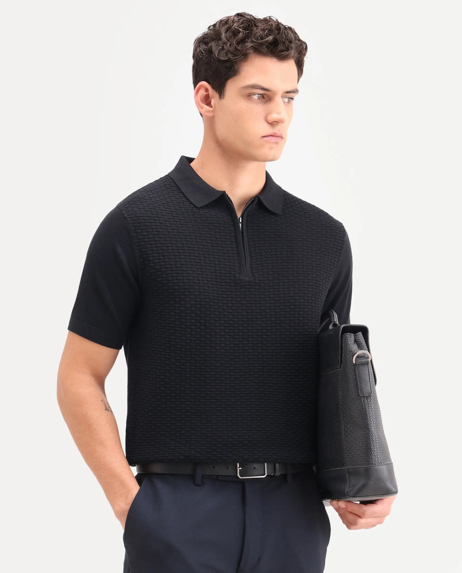 Rare Rabbit Men's Corsin Black Cotton Fabric Half Sleeve Spread Collar Regular Fit Textured Polo