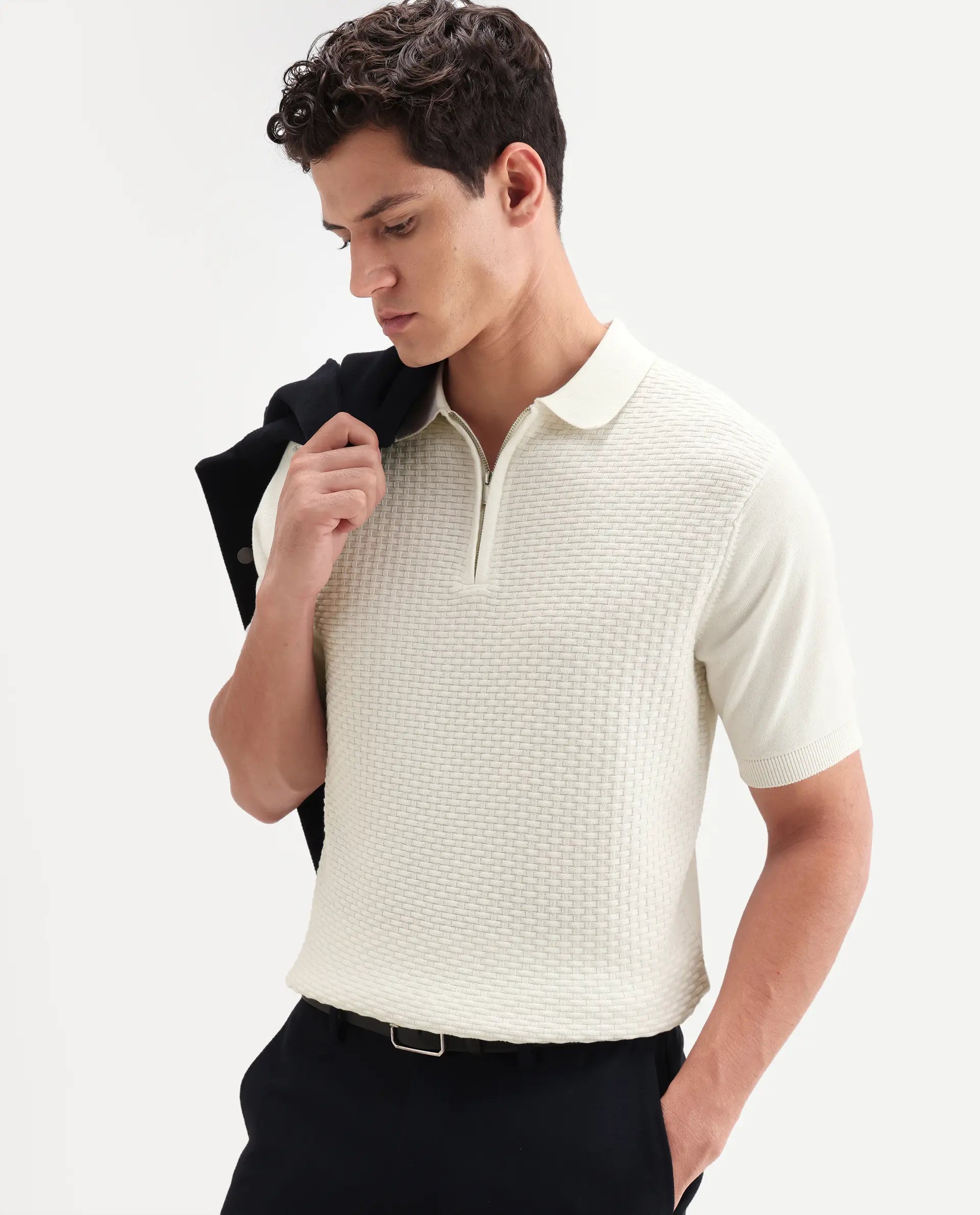 Rare Rabbit Men's Corsin White Cotton Fabric Half Sleeve Spread Collar Regular Fit Textured Polo
