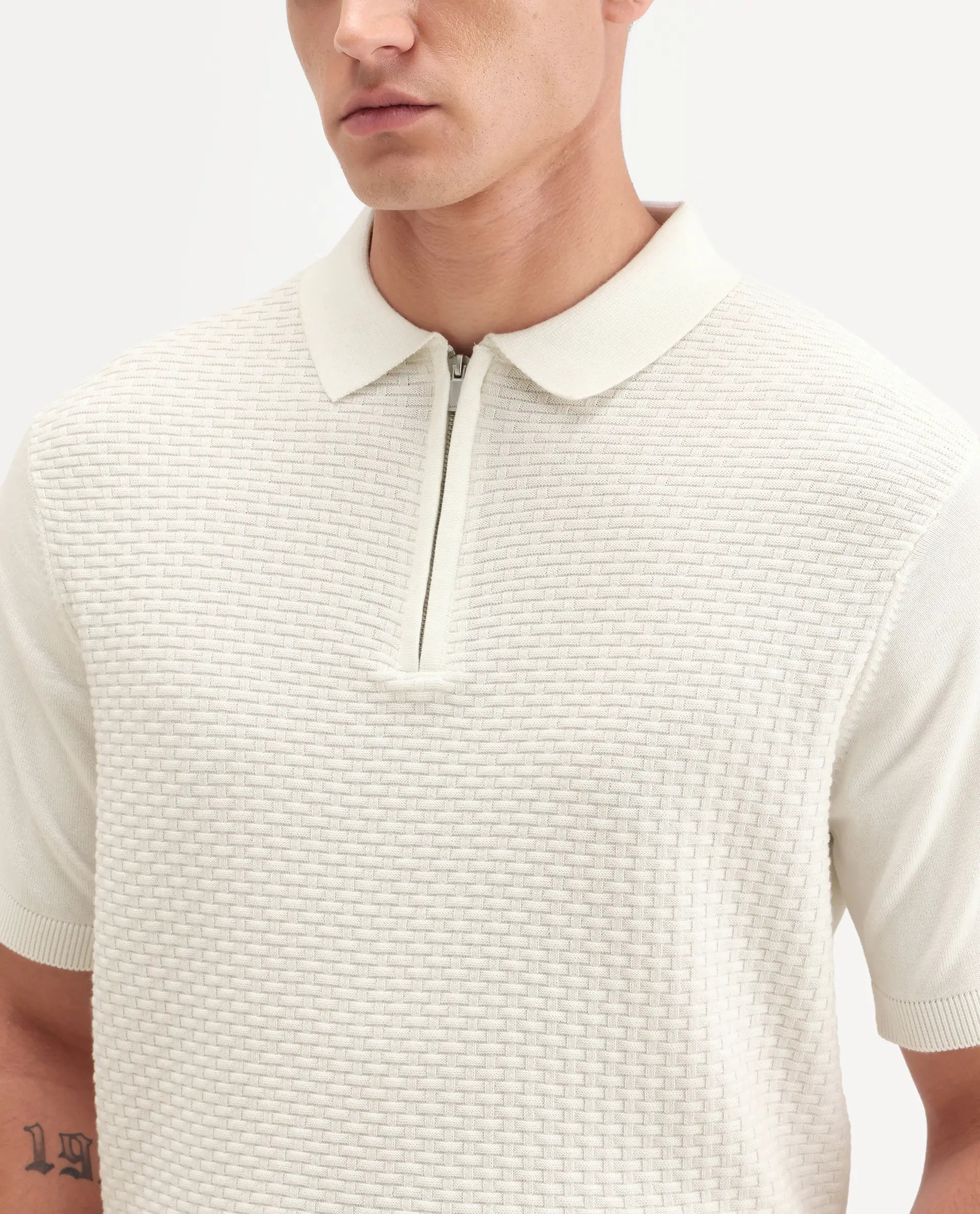 Rare Rabbit Men's Corsin White Cotton Fabric Half Sleeve Spread Collar Regular Fit Textured Polo
