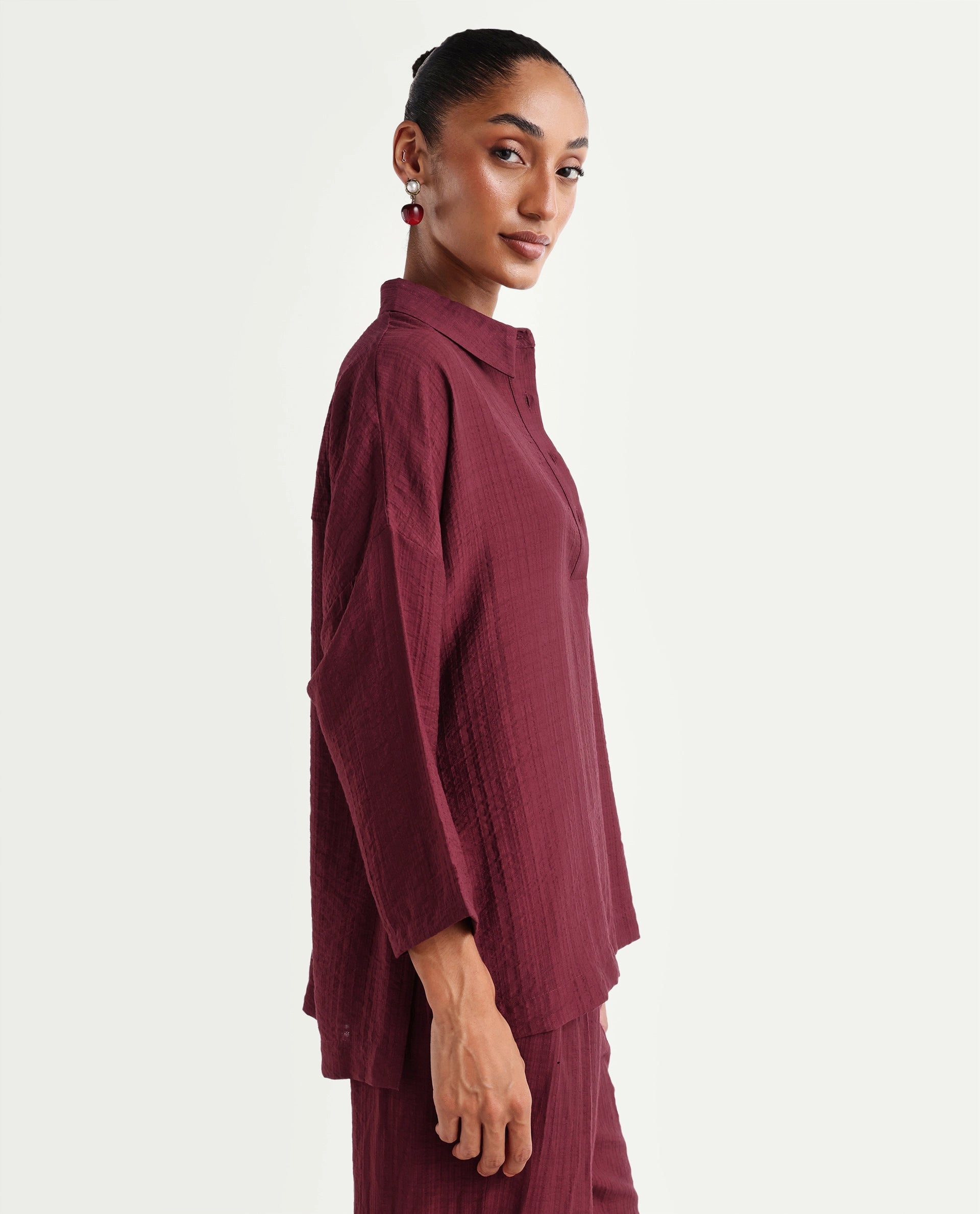 Rareism Women's Dano-T Maroon Viscose Blend Jonny Collar Pull-On Oversized Plain Top