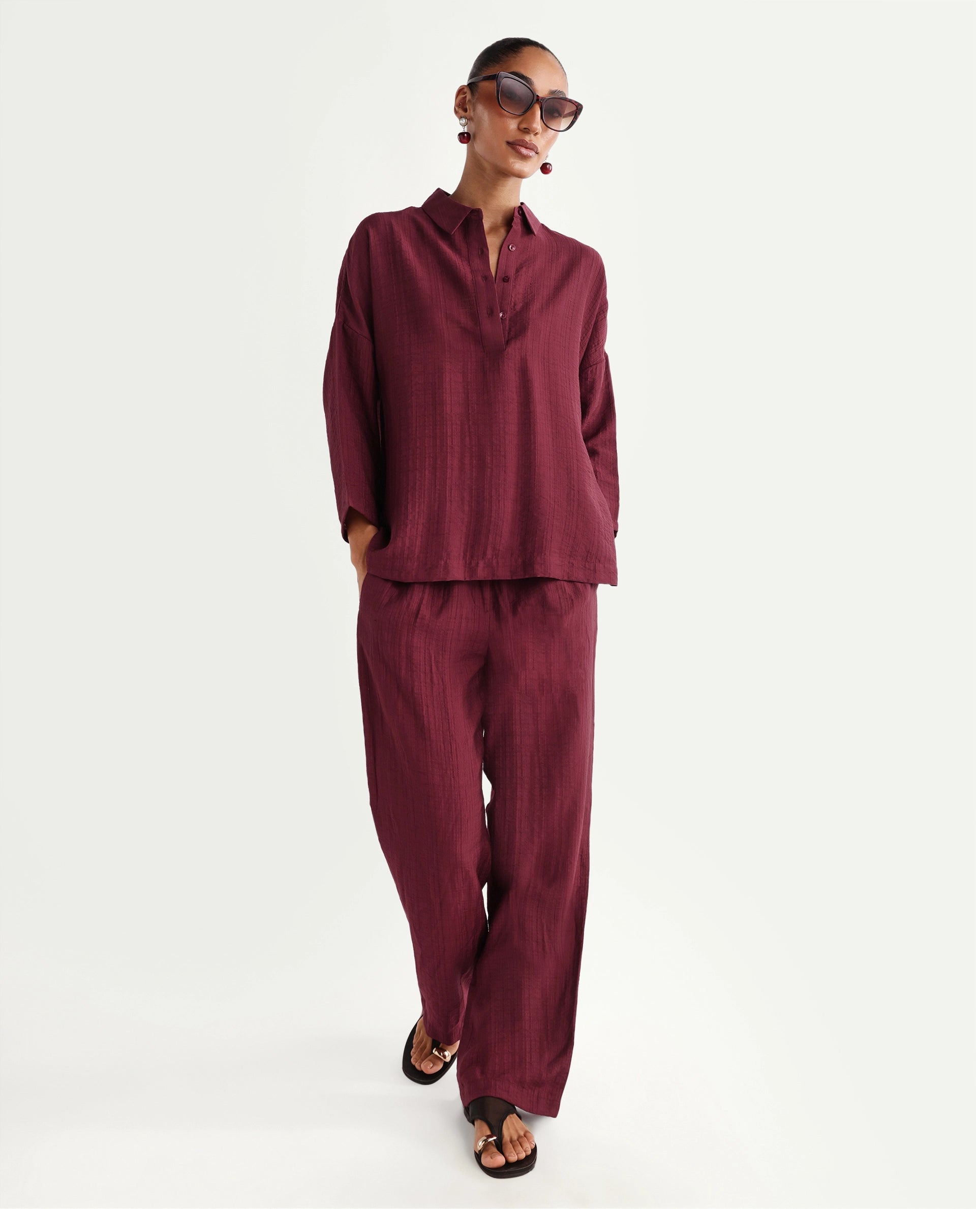 Rareism Women's Dano-T Maroon Viscose Blend Jonny Collar Pull-On Oversized Plain Top