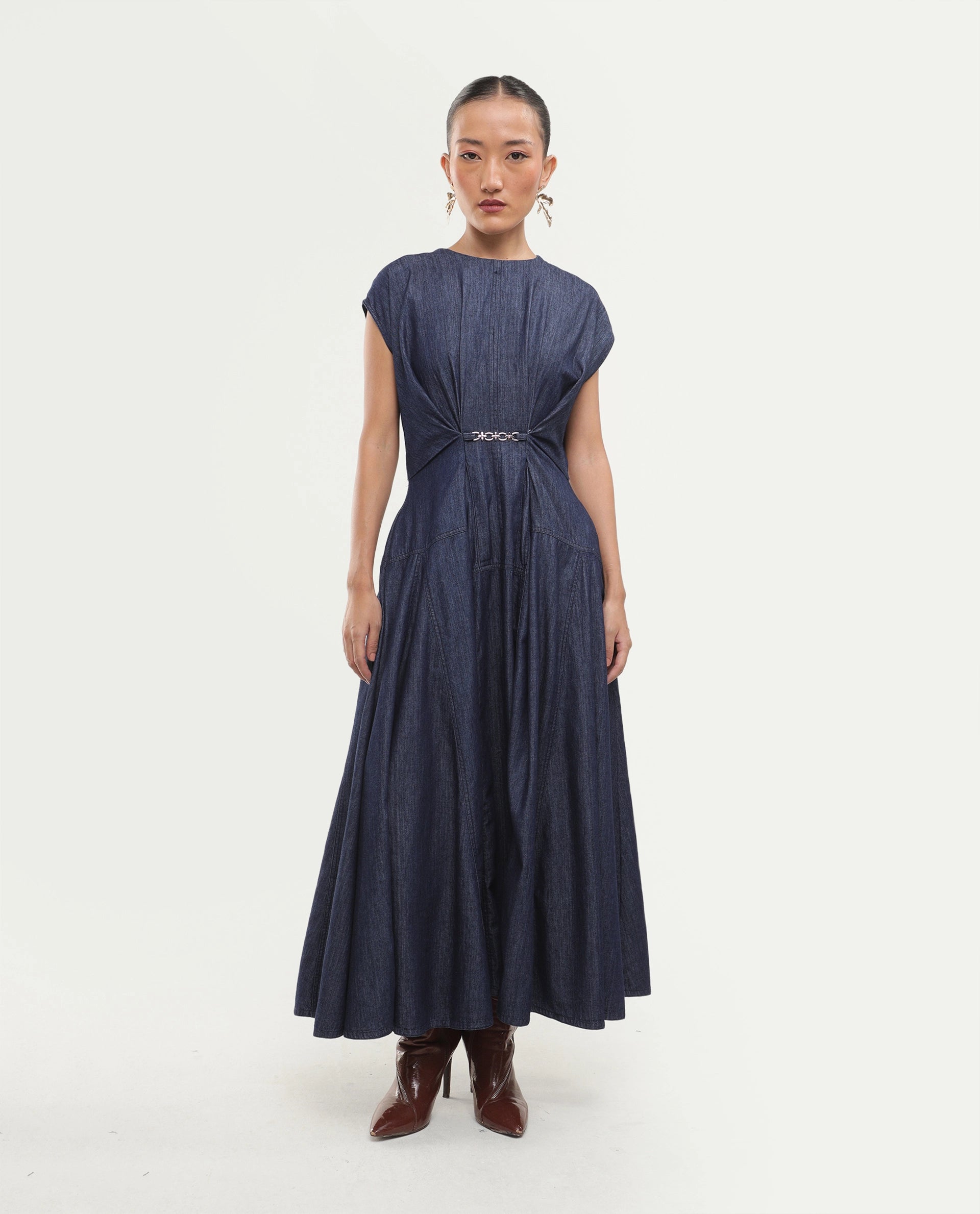 Rareism Women's Delos Dark Blue Cotton Crew Neck Button And Zip Fit And Flare Plain Dress