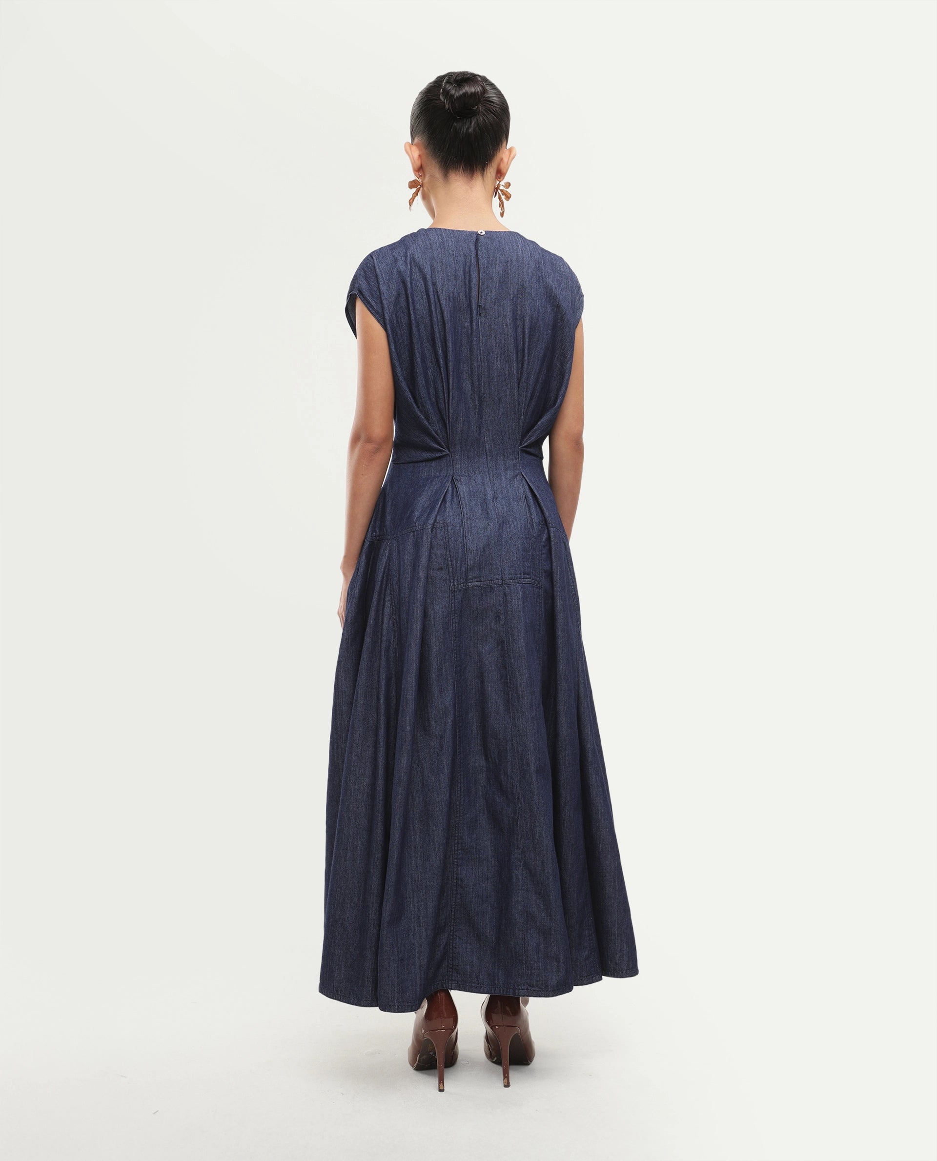 Rareism Women's Delos Dark Blue Cotton Crew Neck Button And Zip Fit And Flare Plain Dress