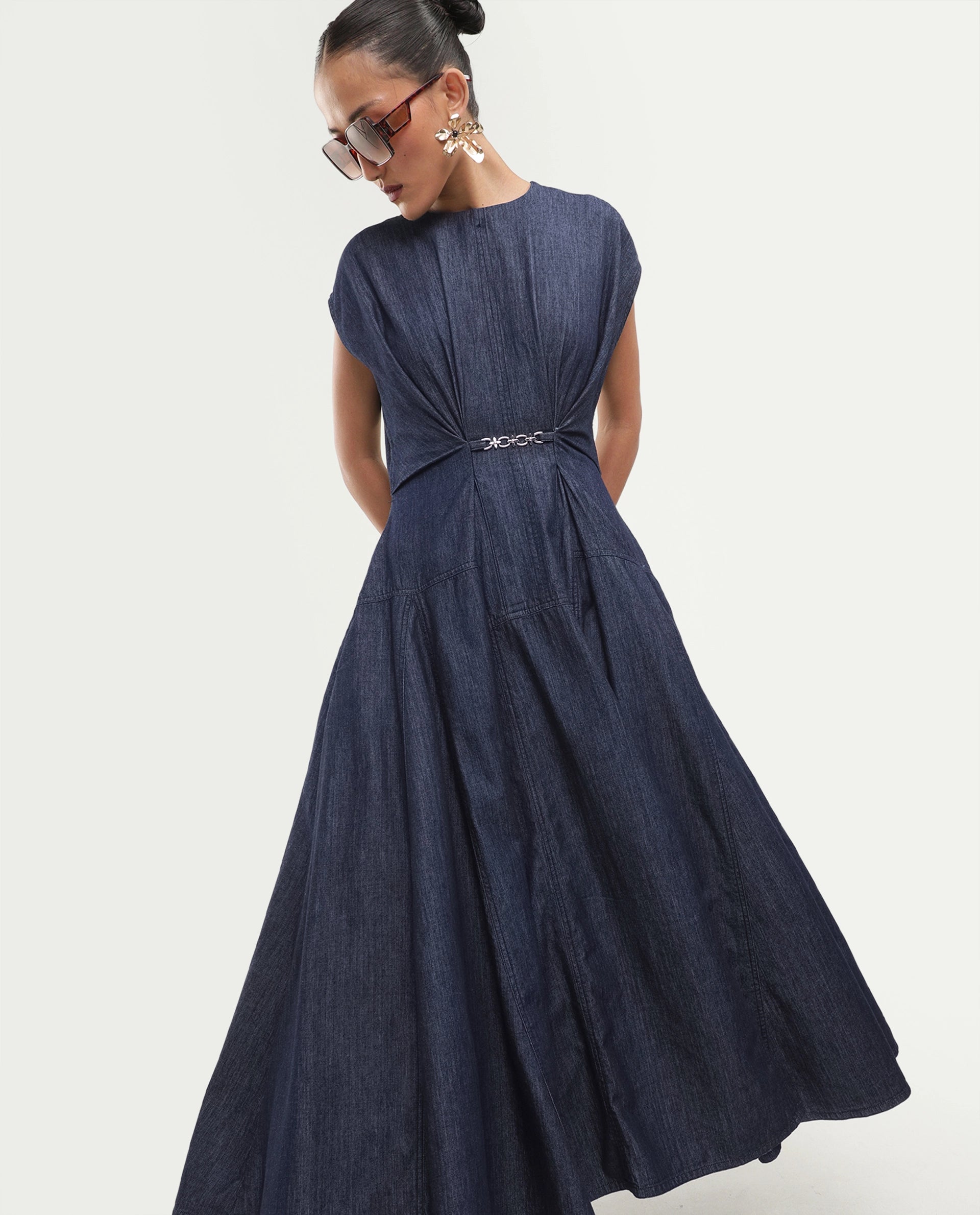 Rareism Women's Delos Dark Blue Cotton Crew Neck Button And Zip Fit And Flare Plain Dress