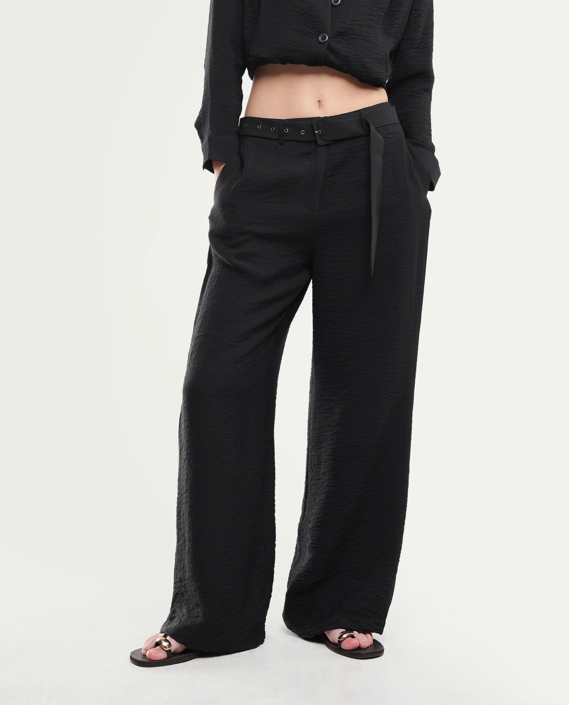 Rareism Women's Dion-B Black Viscose Blend Button And Zip Straight Plain Trouser