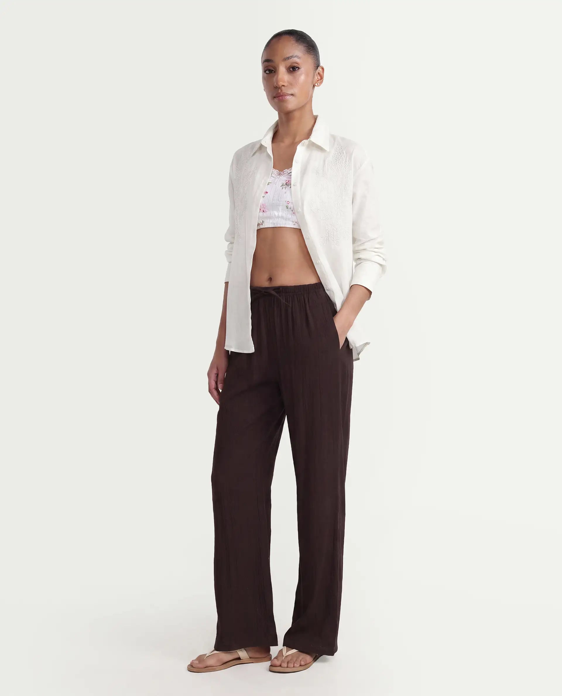 Rareism Women's Duniq Dark Brown Plain Viscose Blend Straight Regular Length Trouser