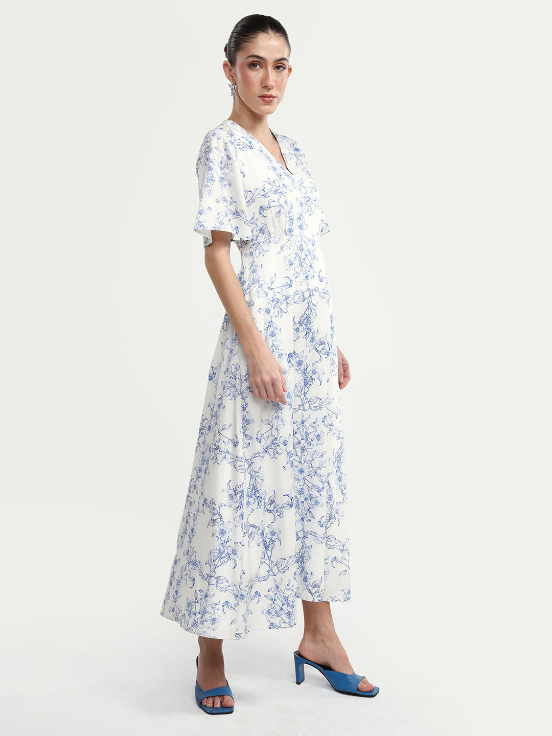 Rareism Women's Kamahe Off White Cotton Blend V-Neck Pull-On Fit And Flare Ornamental Print Dress