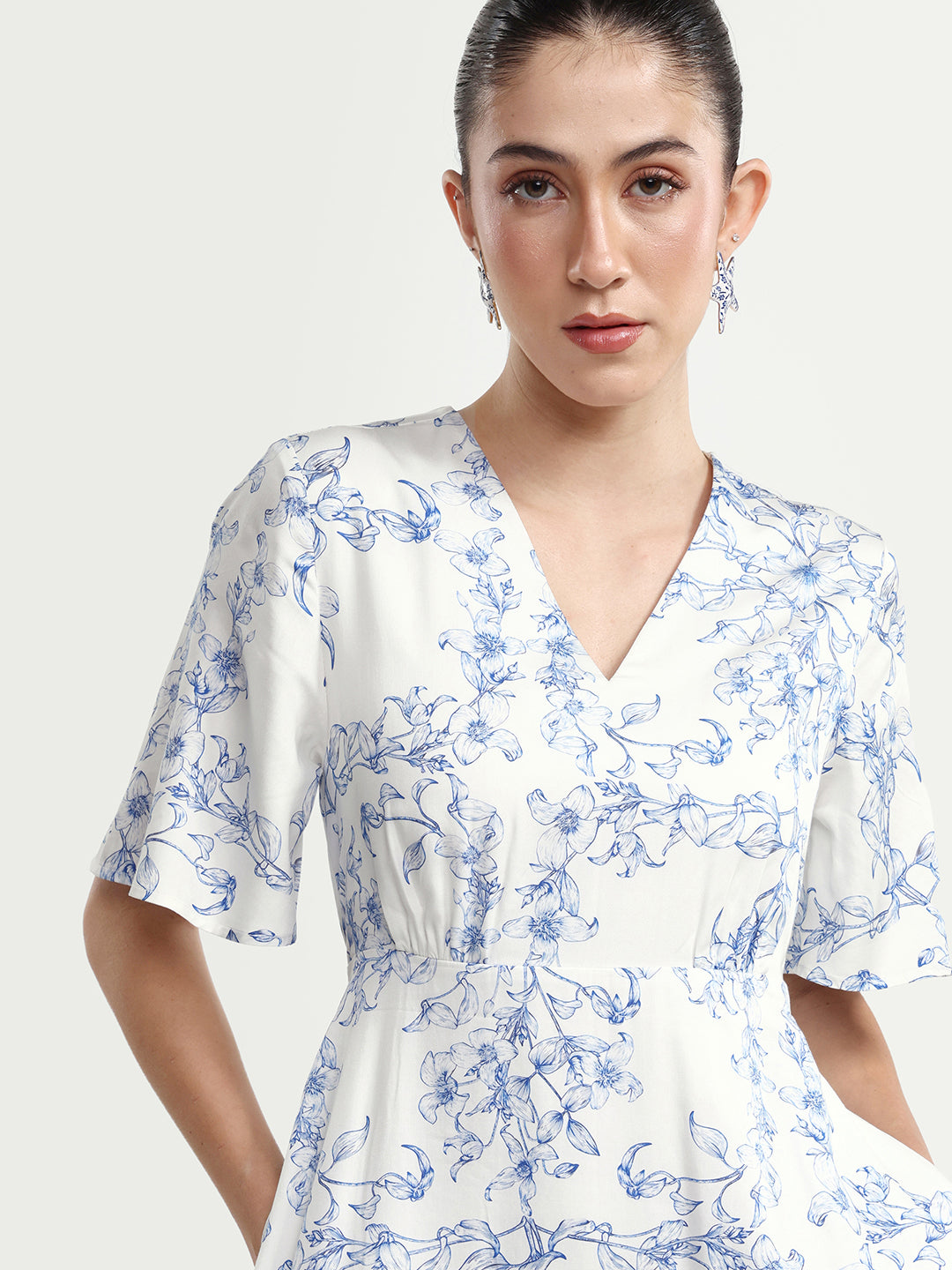 Rareism Women's Kamahe Off White Cotton Blend V-Neck Pull-On Fit And Flare Ornamental Print Dress