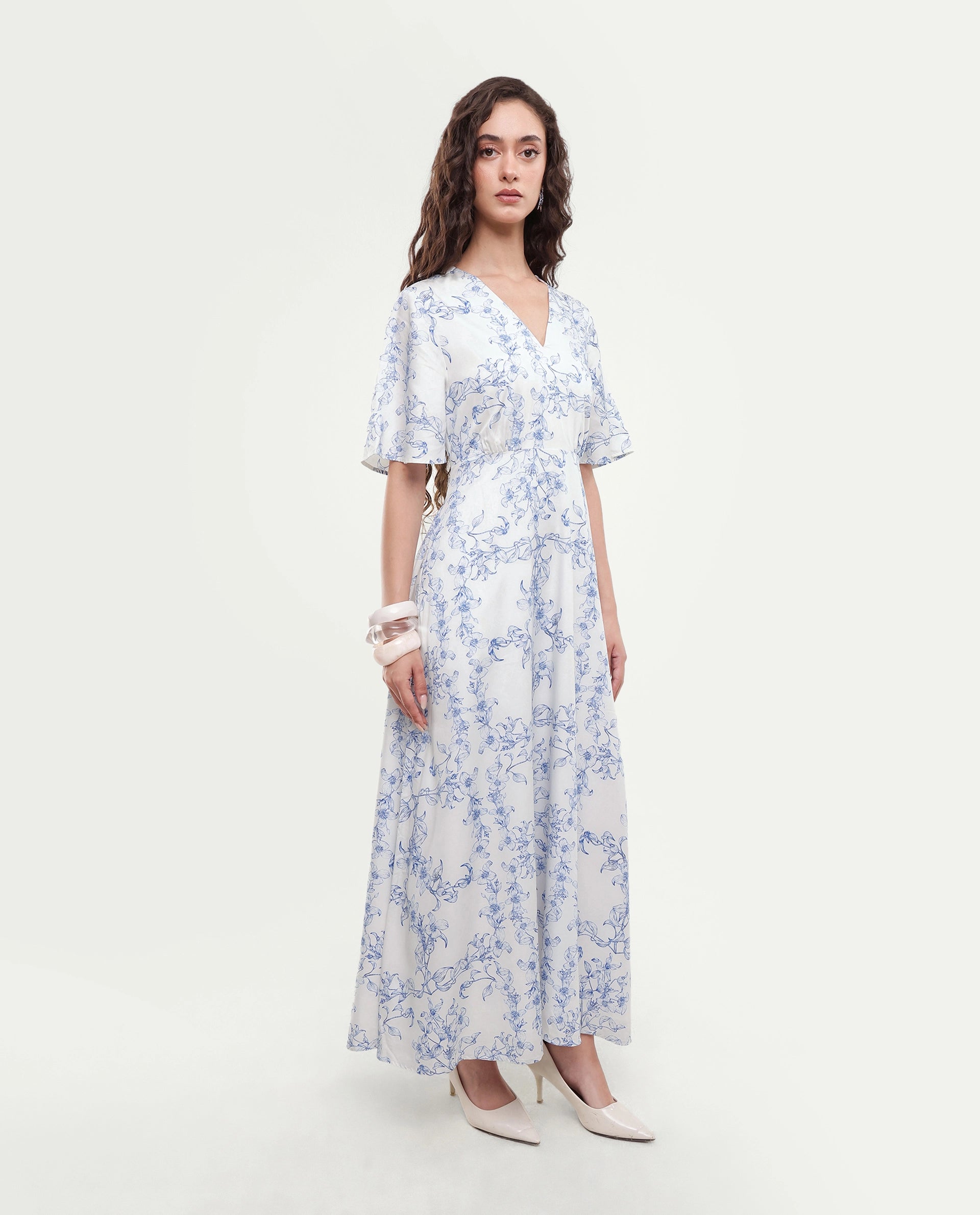 Rareism Women's Kamahe Off White Cotton Blend V-Neck Pull-On Fit And Flare Ornamental Print Dress