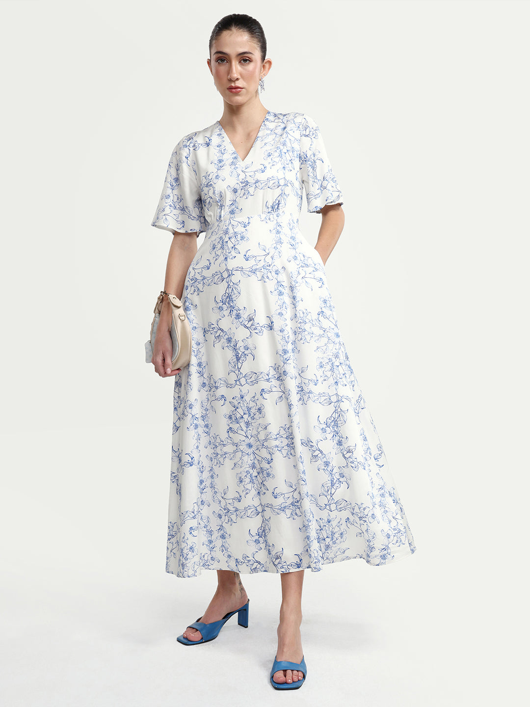 Rareism Women's Kamahe Off White Cotton Blend V-Neck Pull-On Fit And Flare Ornamental Print Dress